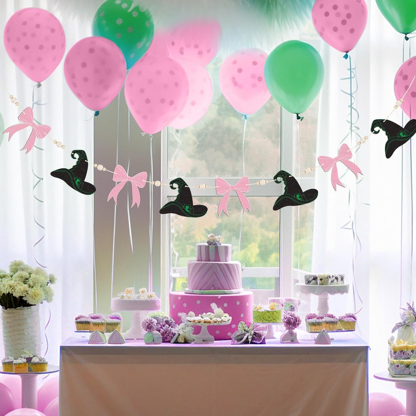 Oudain Pre-Strung Halloween Witch Garland Banner Pink and Green Birthday Party Decorations for Witch Themed Mantel Wall Home Office Indoor Halloween Party Decor BST202