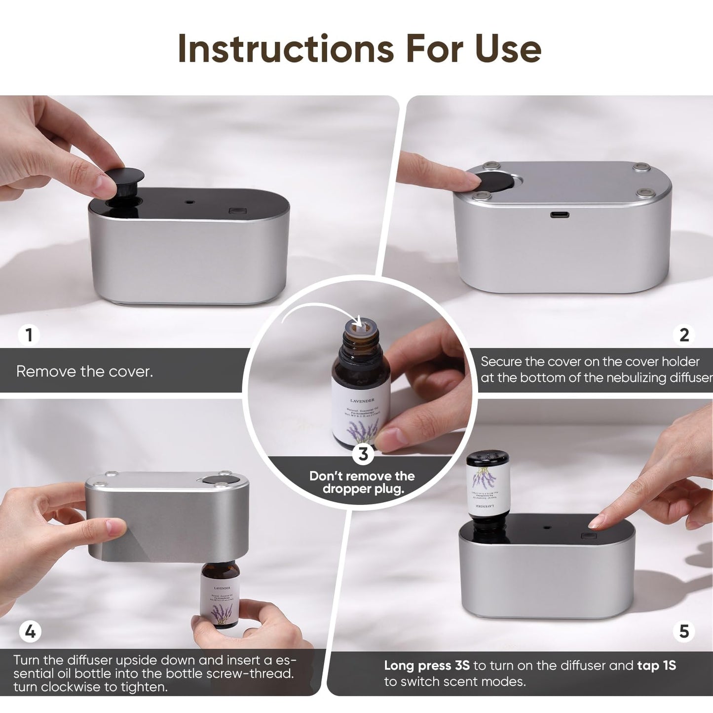 Lecdura Waterless Diffuser for Essential Oil, Battery Operated Scent Air Aromatherapy Diffuser, Mini Aroma Diffusers with 3 Intermittent Mist Modes, Cycle Start for Home Office Bedroom - Rose Gold