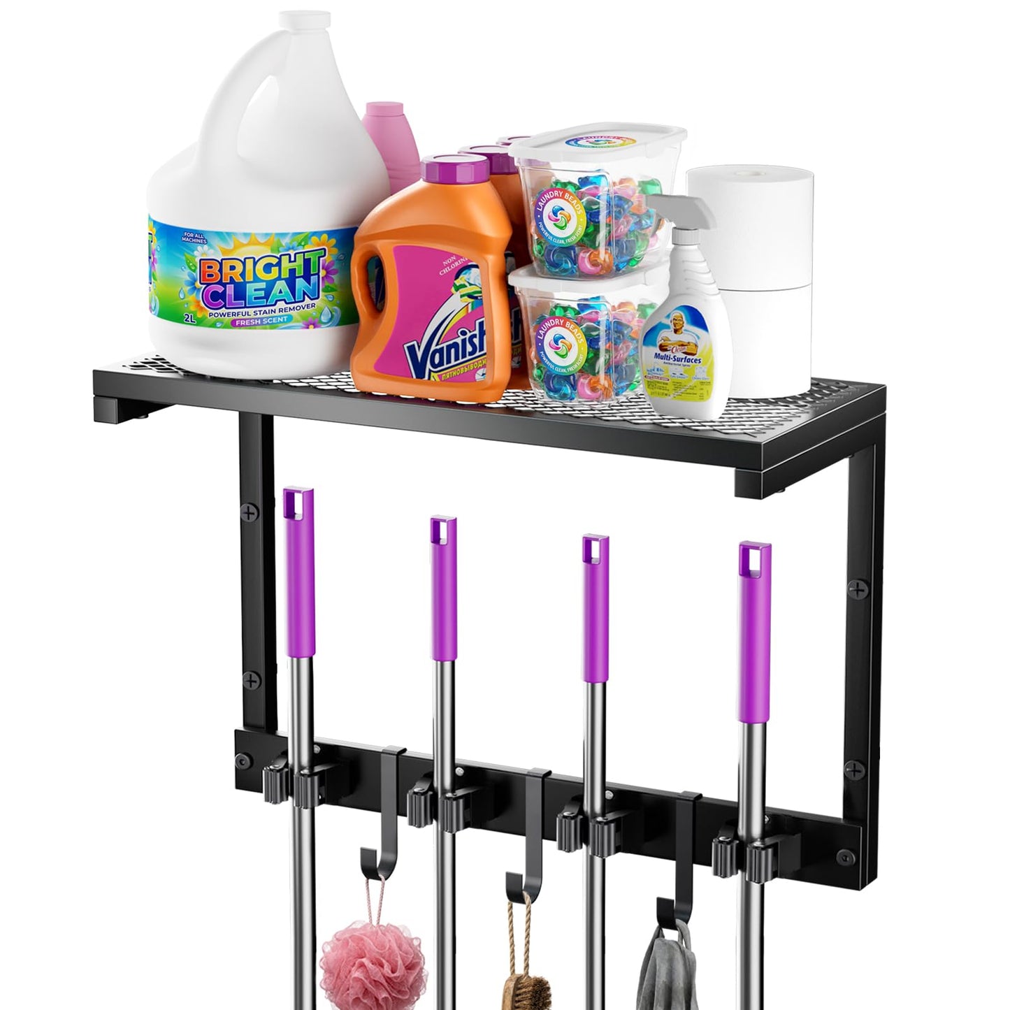 Heavy Duty Broom Holder Wall Mount with Cleaning Supplies Organizer, Space-Saving Laundry Room Organization and Storage Shelves, All-Metal Mop Hanger Broom Rack with Hooks, Garage Organizer Shelf