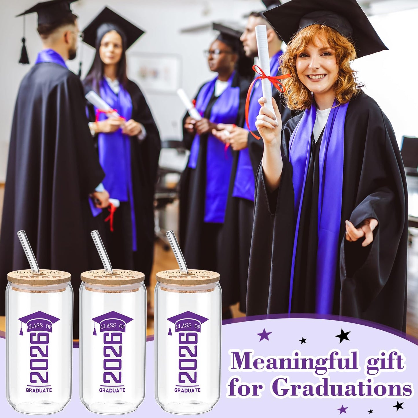 6 Pcs Red and Blue Class of 2026 Graduation Gifts Graduation Glass Cup with Lids Straw 16oz Congrats Grad Coffee Mugs for Her Him Men Women Middle & High School College Tumbler Party Favor BST326H