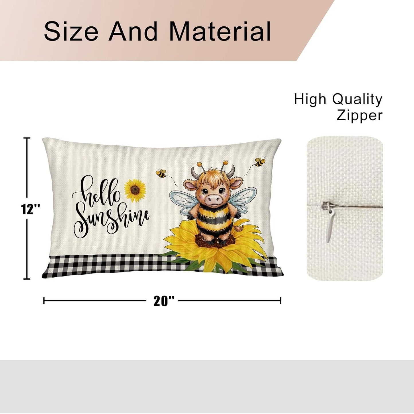 Sunflower Highland Cow Bee Lumbar Throw Pillow Cover 12x20 Inch Summer Cushion Case Decoration for Sofa Couch BST202