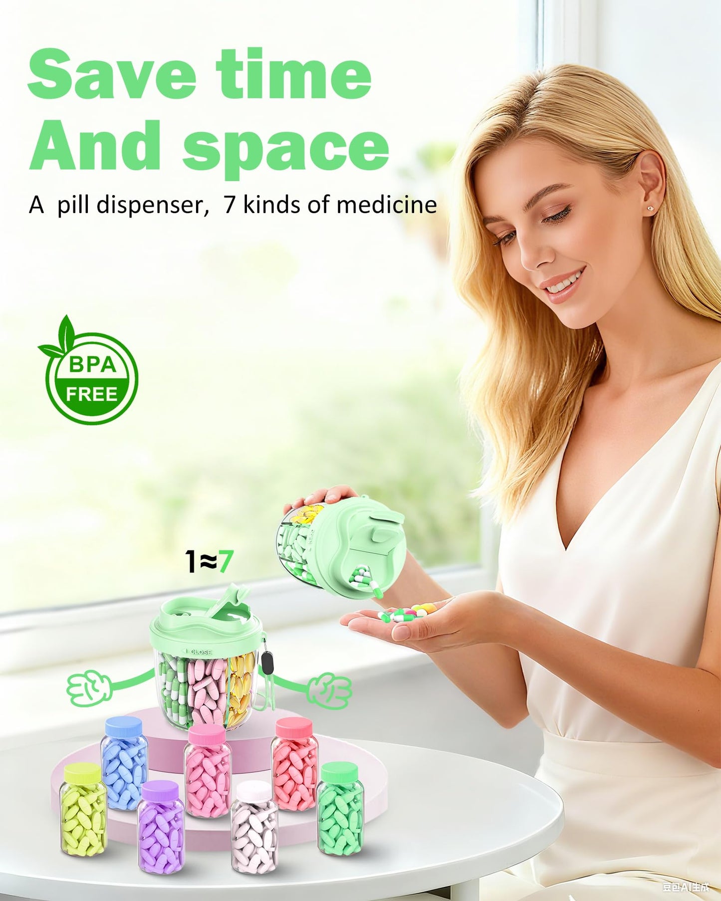 Cute Pill Organizer,Pill Dispenser with 7 Large Compartments,Portable Pill Bottle Box with Wide Opening for Easy Use, Anti-Mix Pills Organizer for Travel,Includes 20 Pcs Sticky Labels(Black) WN420