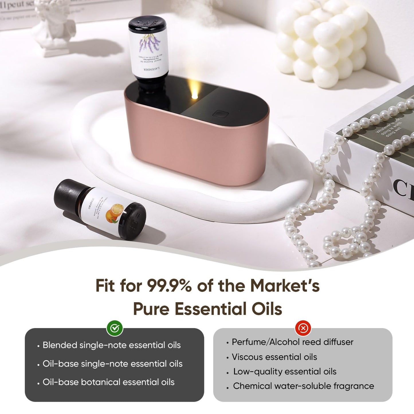 Lecdura Waterless Diffuser for Essential Oil, Battery Operated Scent Air Aromatherapy Diffuser, Mini Aroma Diffusers with 3 Intermittent Mist Modes, Cycle Start for Home Office Bedroom - Rose Gold