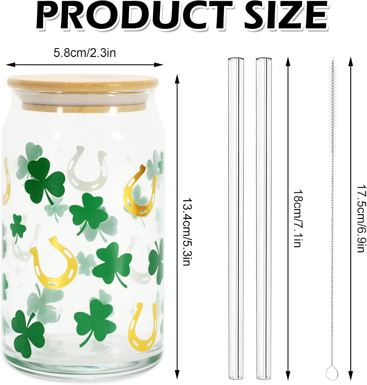 FYSUIMU 2 Pack St. Patrick's Day Drinking Glasses Gold Foil Shamrock Horseshoe Drinking Glasses 16oz Irish Lucky Clover Glass Cup with Lids and Straw for Cocktails Whiskey Beer Soda WN420