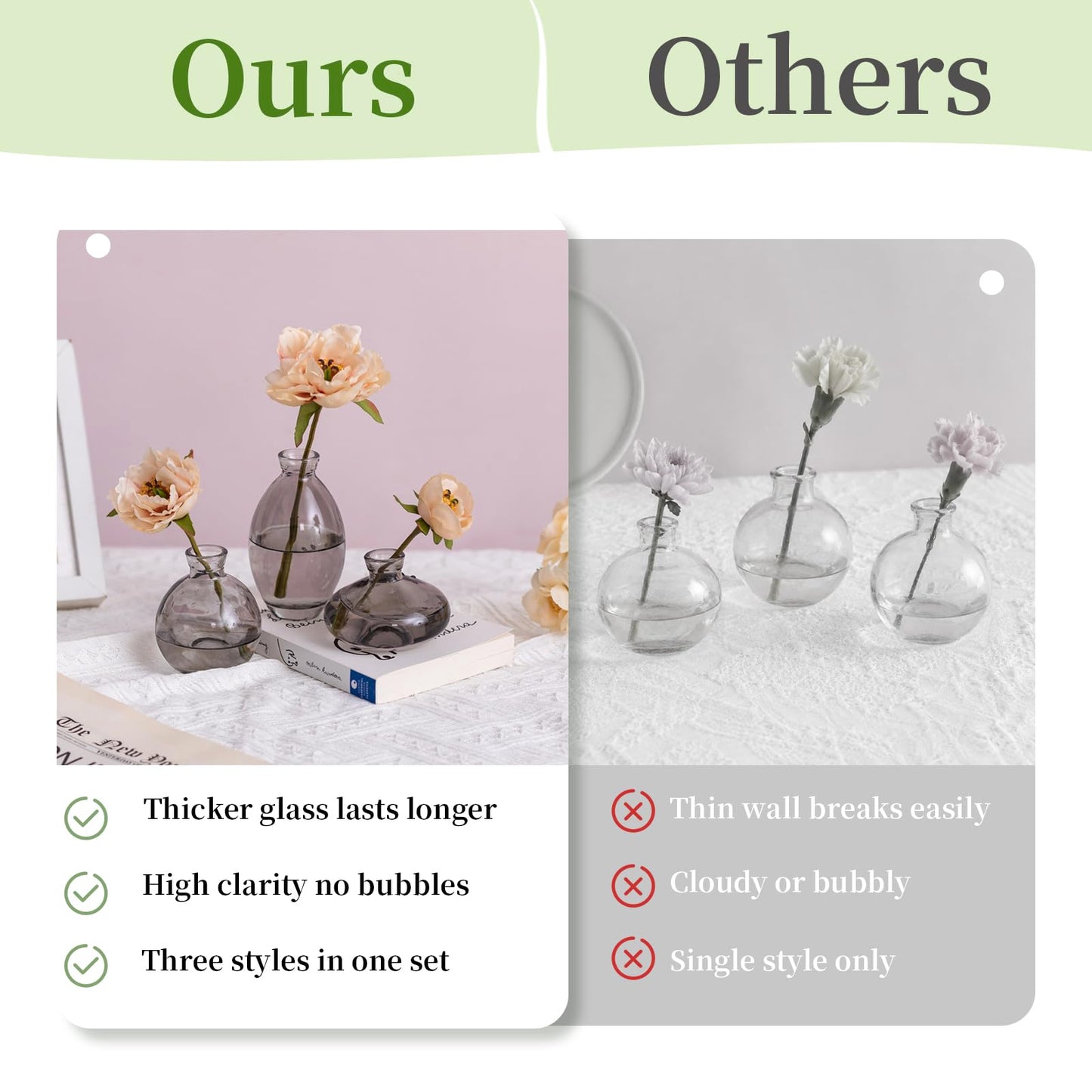 Glasseam Clear Glass Bud Vase, 3Pcs/Set Modern Decorative Small Mini Flowers Vases Short Minimalist Aesthetic Home Decor Vintage Cute Handmade Tiny Wedding Table Centerpieces for Single Flower Rose BST326H