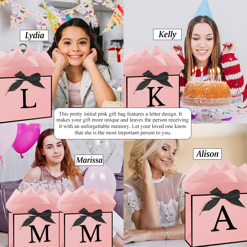 Eaureum Personalized Initial A Gift Bags for Girls Women, 13" Pink Initial A Gift Bags for Birthday Wedding Holidays Party Decorations for Her Girls Women Daughter Granddaughter Friends Wife BST326L