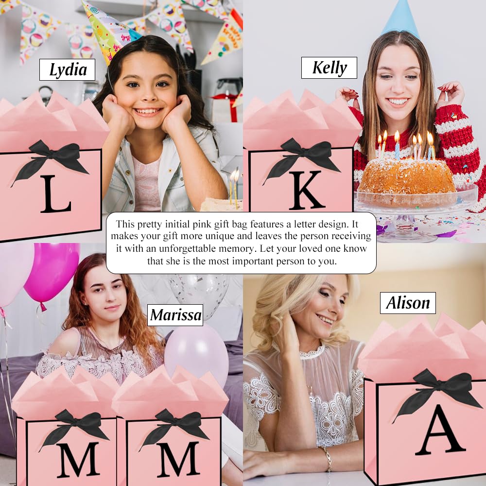 Eaureum Personalized Initial A Gift Bags for Girls Women, 13" Pink Initial A Gift Bags for Birthday Wedding Holidays Party Decorations for Her Girls Women Daughter Granddaughter Friends Wife BST326L