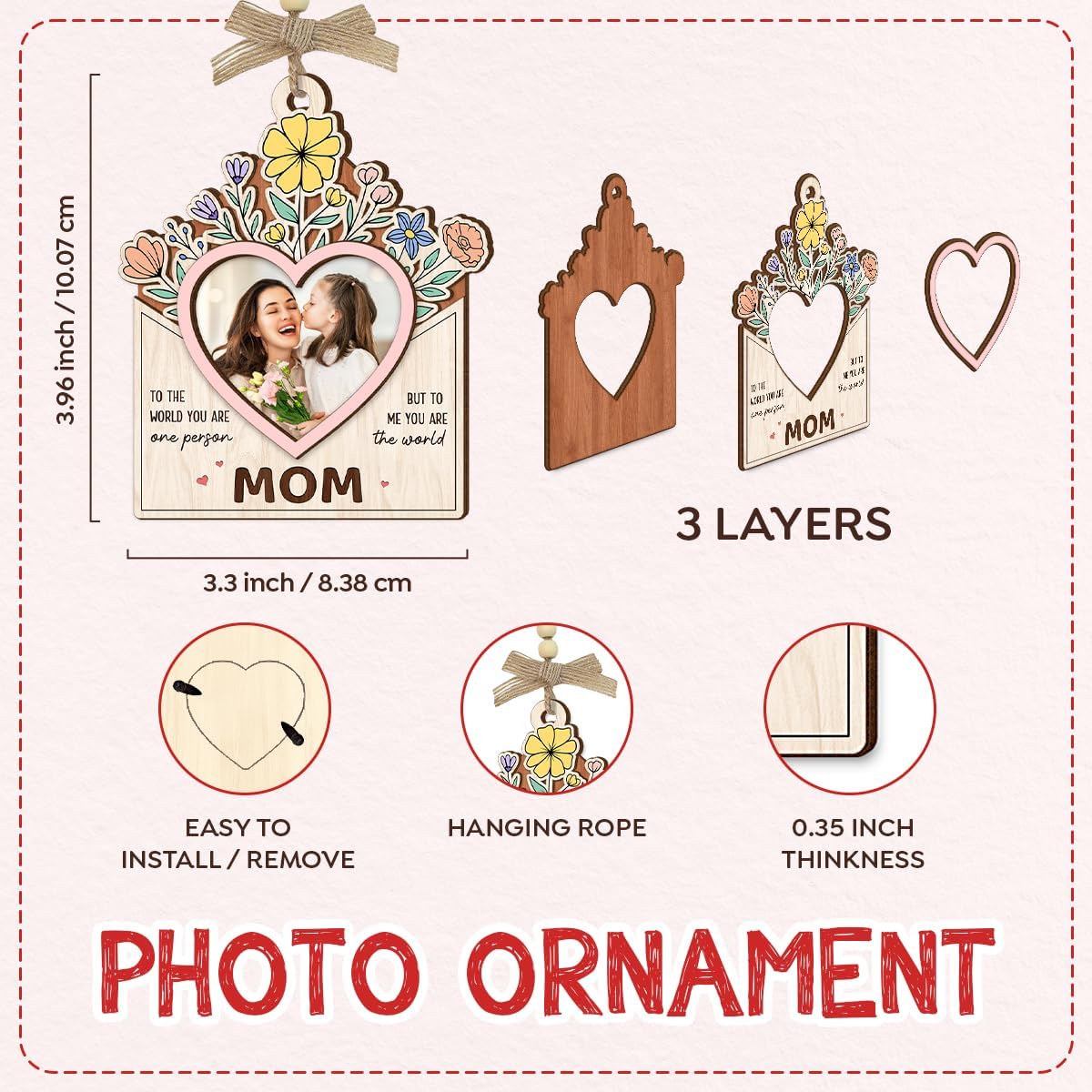 Mom Picture Frame Gifts from Daughter Son – Wooden Photo Frame Ornament with Sentimental Card, Car Photo Holder Decoration – Mother’s Day & Birthday Gifts for Mom, Bonus Step Mama WN420