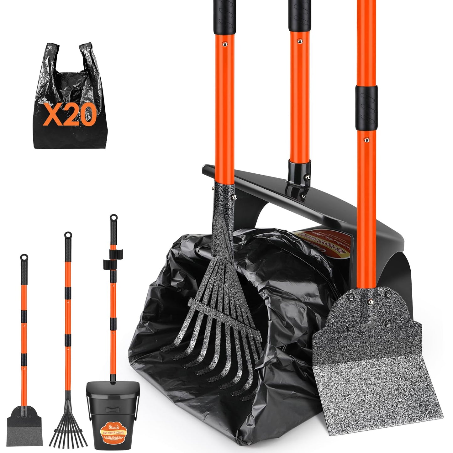 SlowTon Dog Pooper Scooper - 37.4" Long Metal Handle Adjustable Rake & Spade & Swivel Bin with 10 Waste Bags, Portable Pooper Scooper N3233