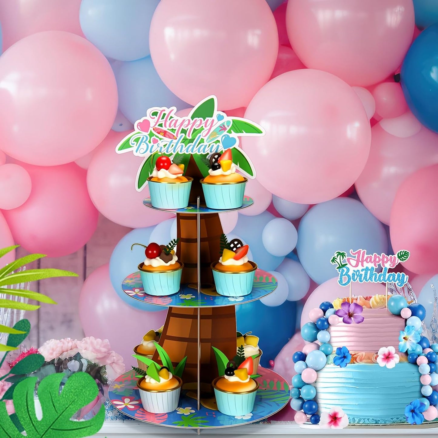 Leinuosen Hawaii Cupcake Stand Decorations 3 Tier Pink Blue Cartoon Cake Stand Happy Birthday Party Decor Cartoon Tropical Luau Birthday Decoration Cute Party Supplies for Wall Hanging Baby Shower BST202