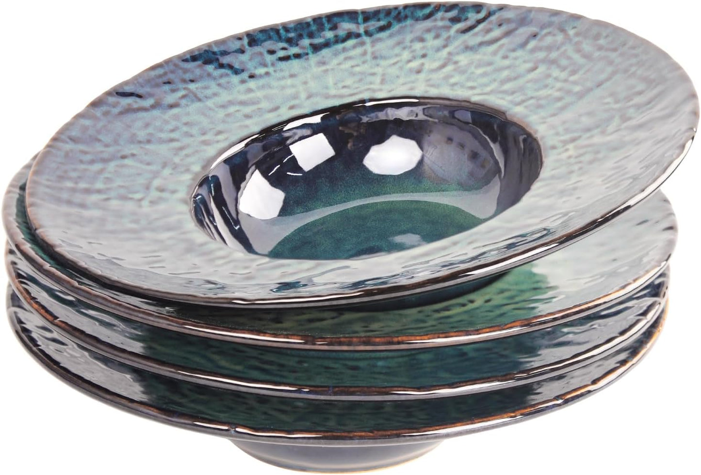 Ceramic Rimmed Soup Plate, Soup Bowl 6.4 oz, Pasta Bowl Set of 4, Shallow Bowl Plate with Rim, Best choice for high-end restaurants, hotels, and foodies, Teal reactive glaze, 9.3 Inch BST202
