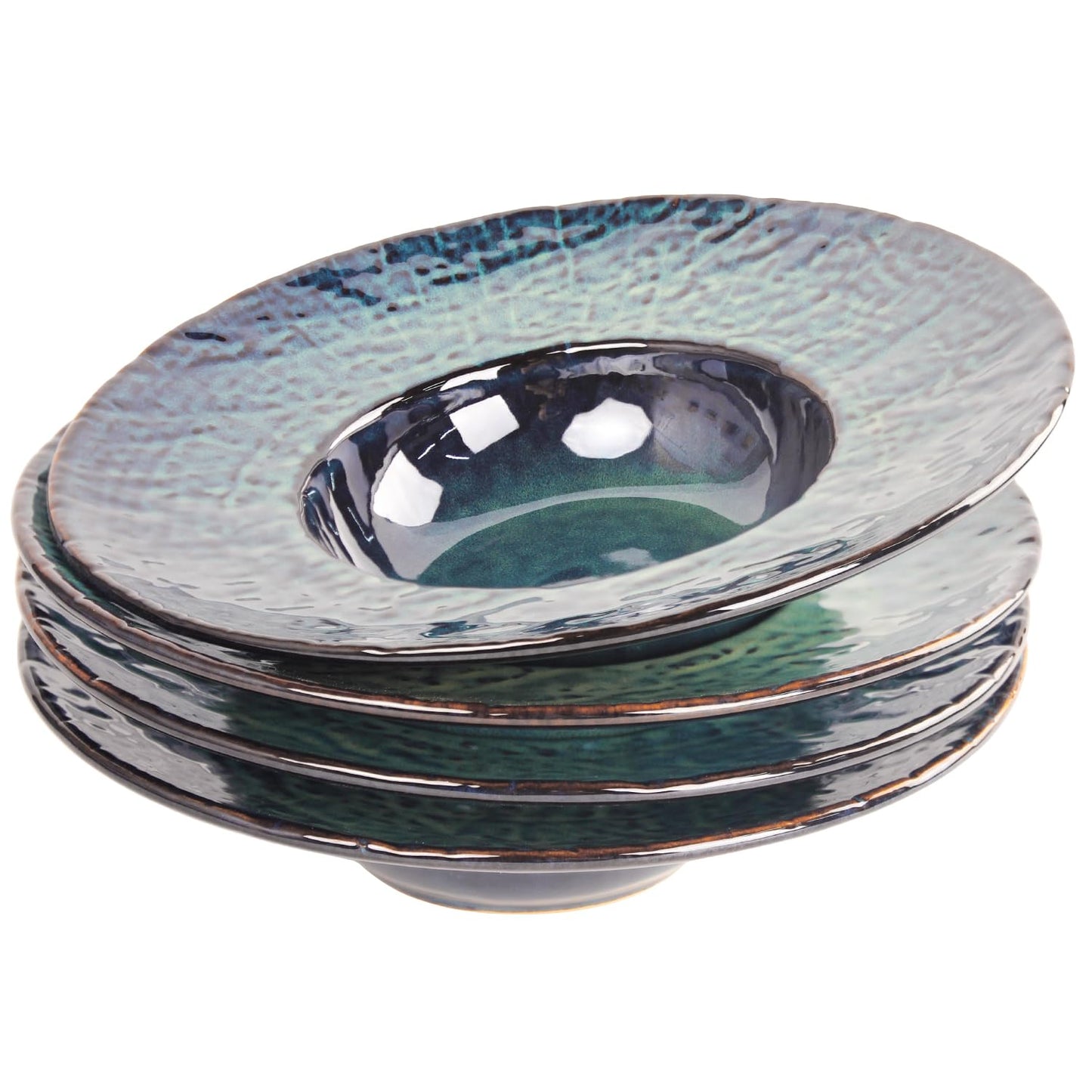 Ceramic Rimmed Soup Plate, Soup Bowl 6.4 oz, Pasta Bowl Set of 4, Shallow Bowl Plate with Rim, Best choice for high-end restaurants, hotels, and foodies, Teal reactive glaze, 9.3 Inch BST202