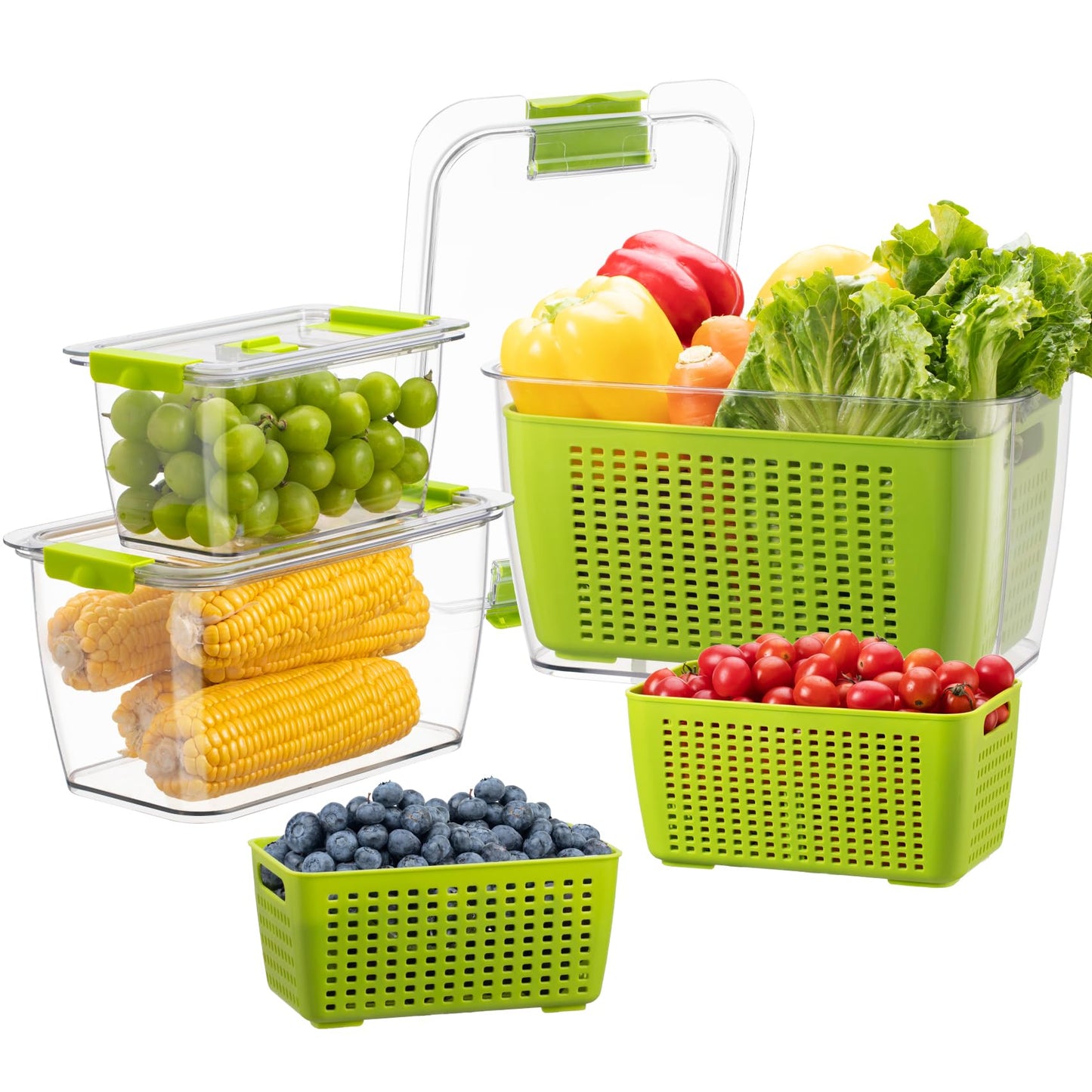 LUXEAR 4 Pack Fruit Vegetable Containers for Fridge, Produce Saver Container with Lids &Removable Colander BPA-free Refrigerator Storage Organizer for Fruit Vegetable, Berry, Meat keep Fresh Longer DD1210