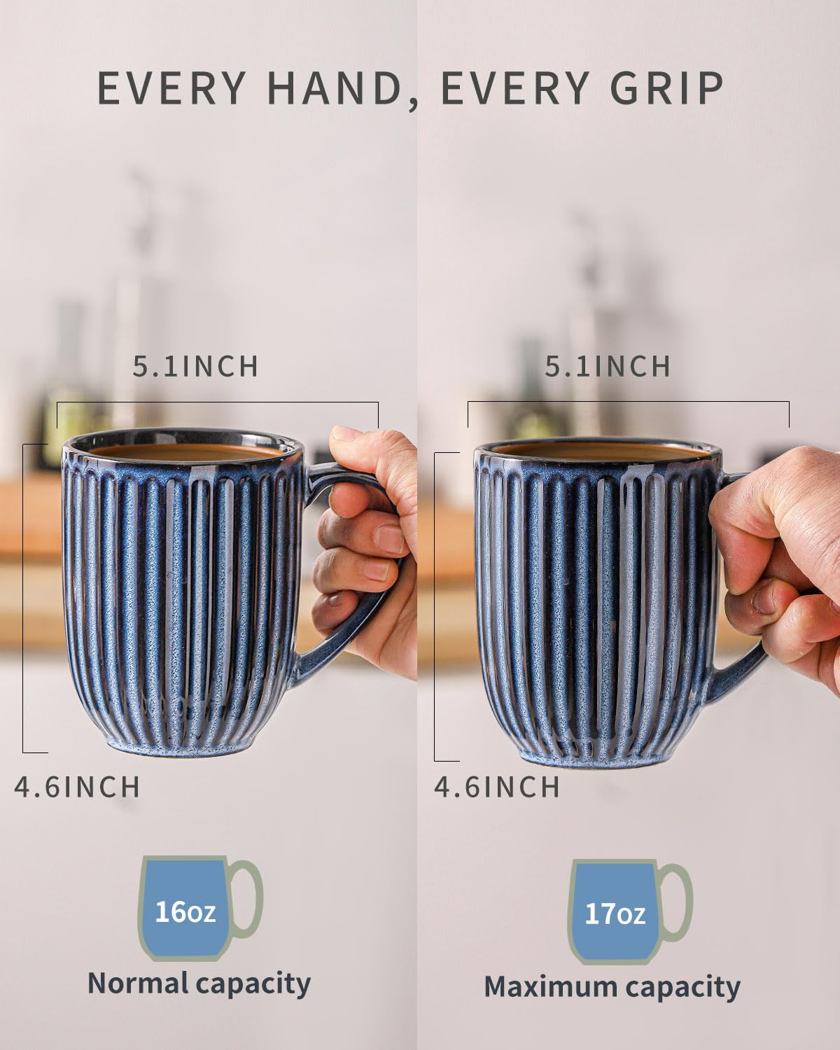 HASENSE Textured Large Coffee Mugs Set of 4, 16 Oz Ribbed Ceramic Cups with Large Handle for Latte Tea Cappuccino, Stackable Embossed Mug Set for Mom Dad, Microwave Dishwasher Safe, Creamy White BST220