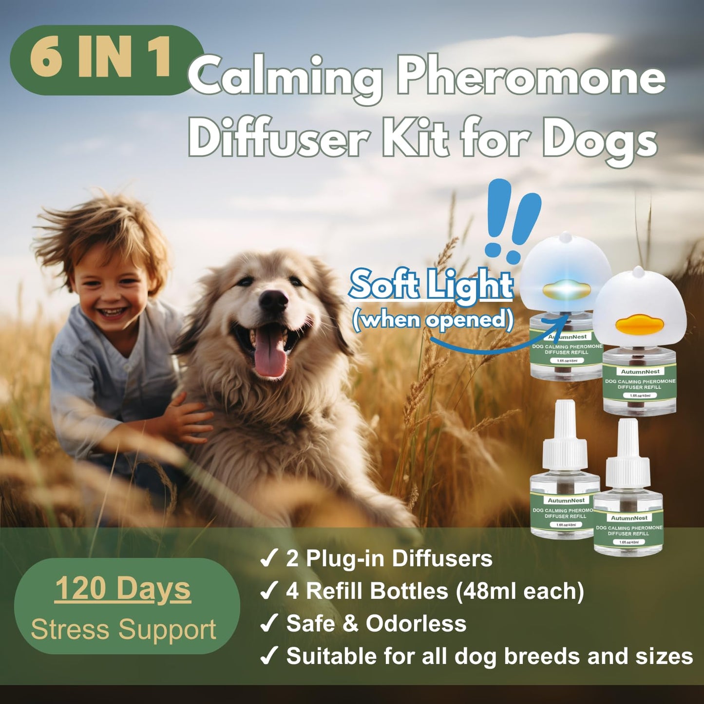 8-in-1 Dog Calming Pheromone Diffuser Kit – Pet Stress Support (2 Plug-Ins & 6x48ml Refills), Calming Diffuser for Dog During Thunderstorms, Travel, Separation, Fireworks & Vet Visits, 180-Day Supply WN420