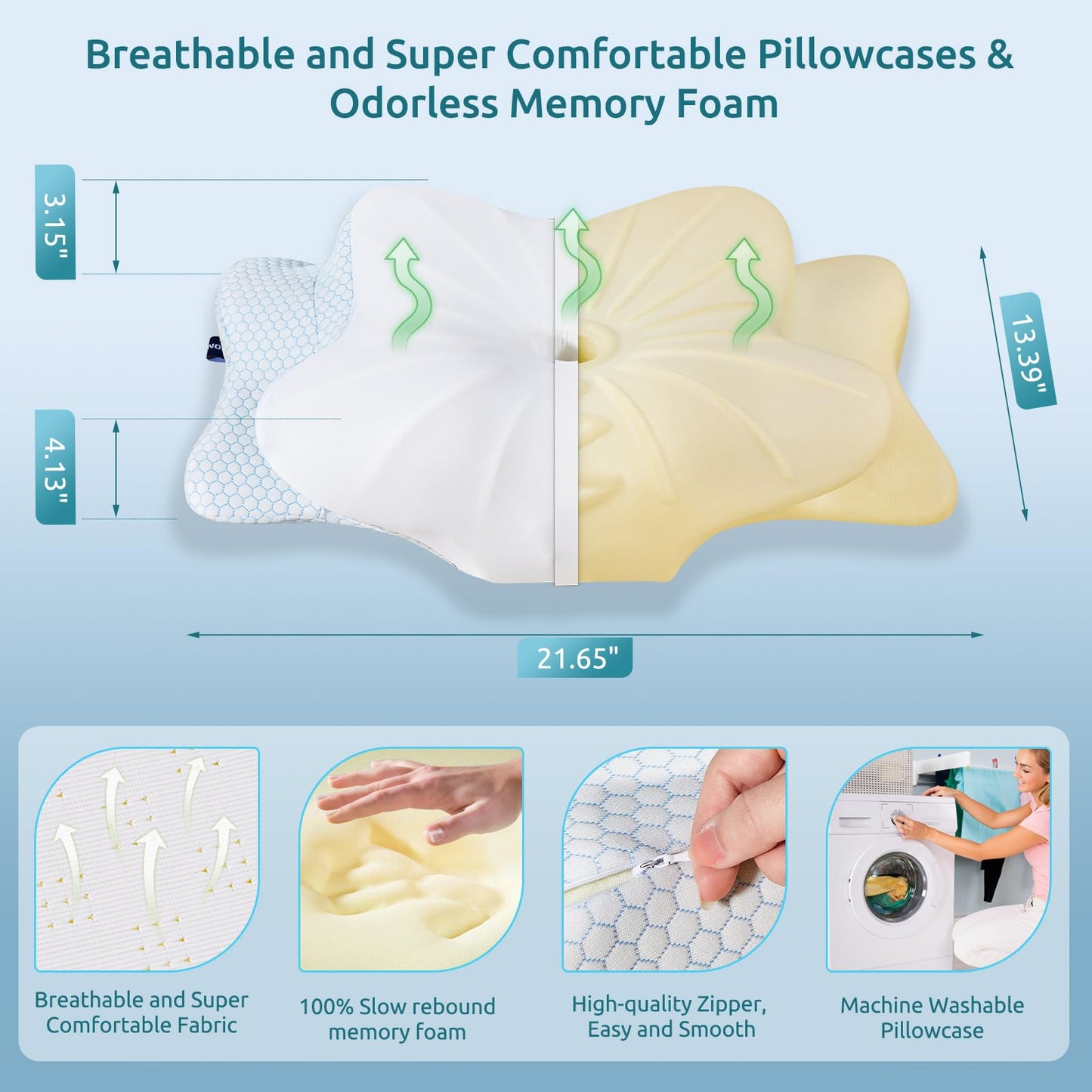 DONAMA Cervical Pillow for Neck and Shoulder,Contour Memory Foam Pillow,Ergonomic Neck Support Pillow for Side Back Stomach Sleepers with Pillowcase-Standard Size BST220