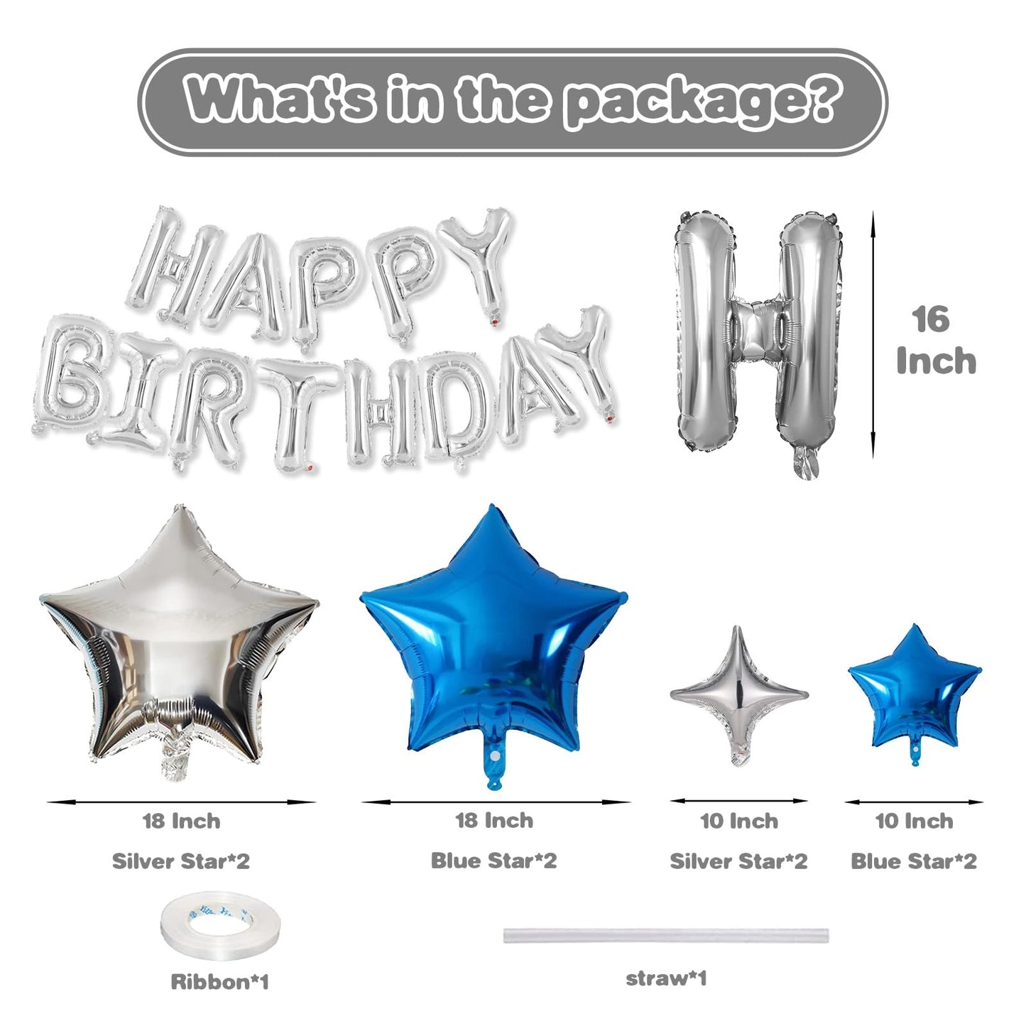 Happy Birthday Balloons Banner, Rainbow Happy Birthday Foil Balloons 16 Inch Foil Letter Balloon with 8 Pcs Gradient Blue Pink Star Balloon for Women Men Boys Girls Birthday Party Decoration WN420