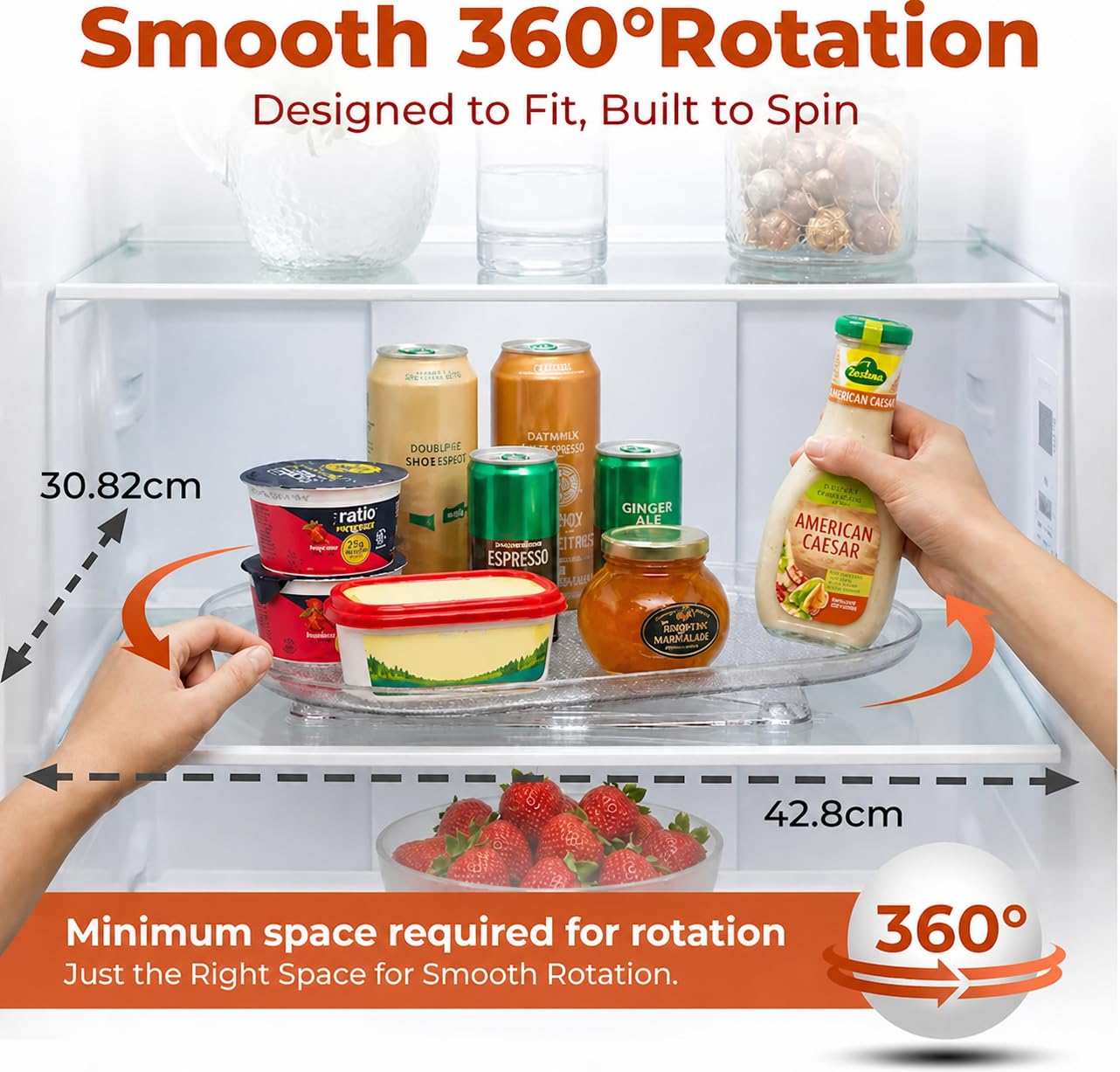 Oizeir Refrigerator Lazy Susan (2PK) - Clear Rectangular Fridge Organizer - Turntable Tray Lazy Susan for Refrigerator - Cabinet & Pantry Organizer - Smooth 360° Rotating Swivel Spinning Fridge Shelf BST220