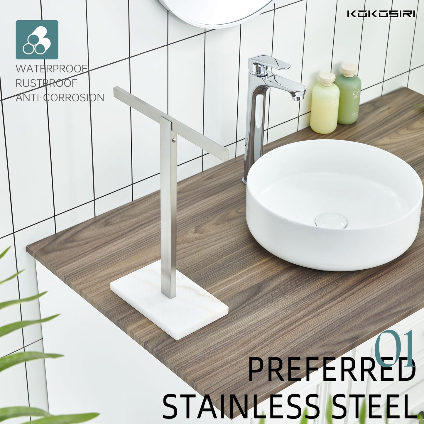 KOKOSIRI Hand Towel Holder Black Stand Towel Rack with Marble Base for Bathroom Kitchen Vanity Countertop, Stainless Steel 15.7'' Height THS0002-SM-BK BST202