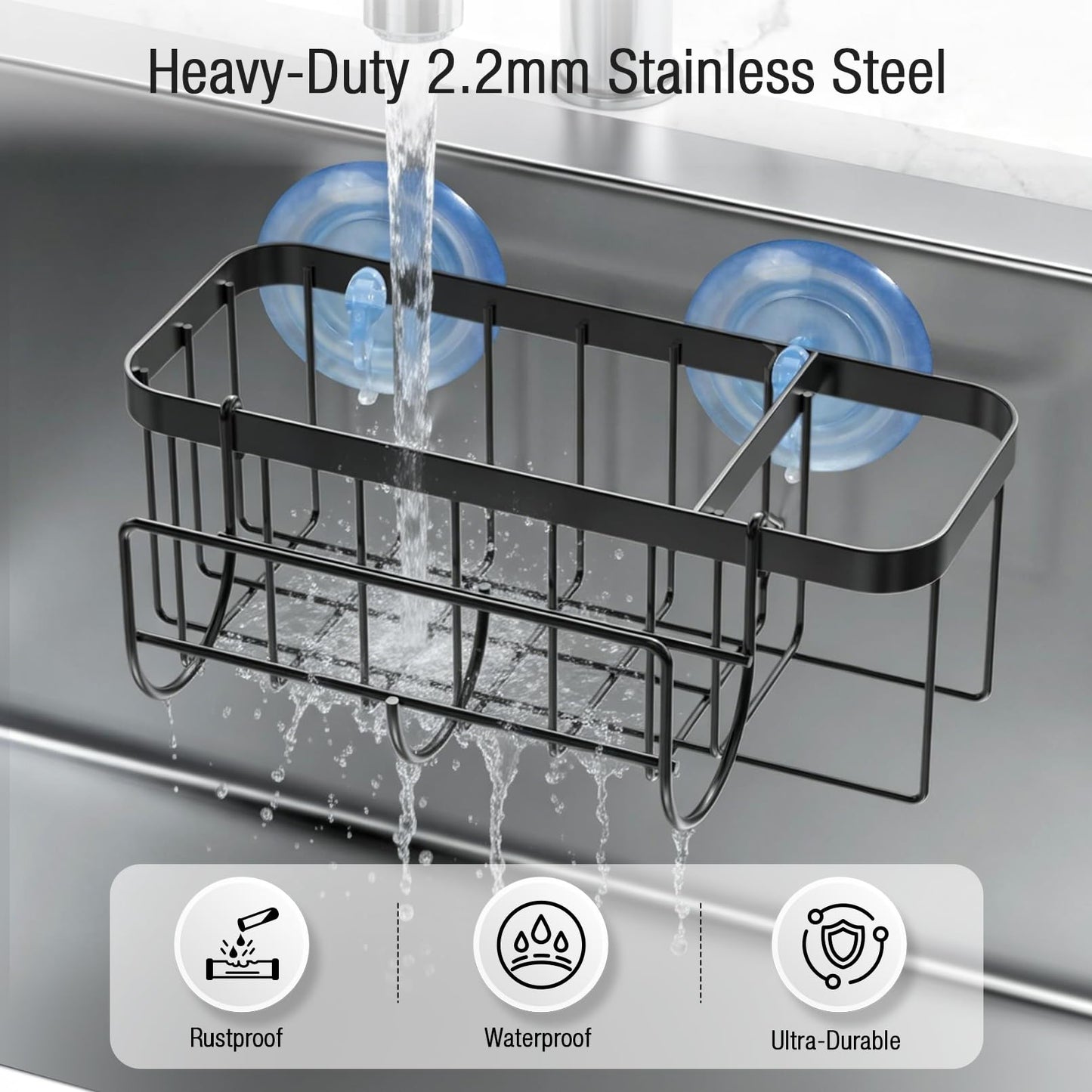 3-in-1 Kitchen Sink Caddy Organizer with Sponge Holder, Brush Holder, Extra Rack for Scrubber, Sink Stopper, Dish Cloth Hanger - Strong Dual Suction Cup, 2.0mm SUS304 Stainless Steel - Grey WN420