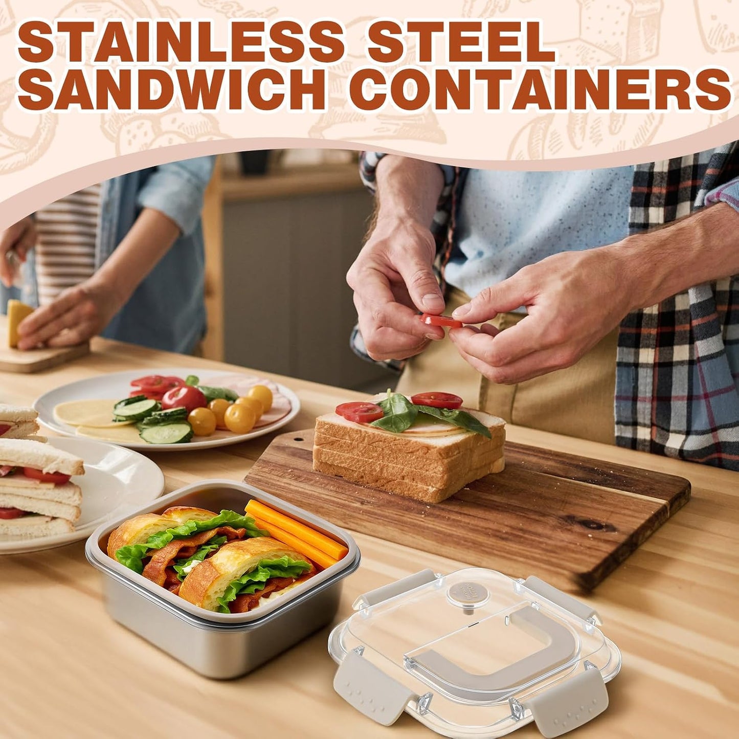 2 Pack 40oz Stainless Steel Sandwich Containers Leakproof & Airtight Seal Lid Reusable for Sandwiches, Snacks, Food Storage BST202