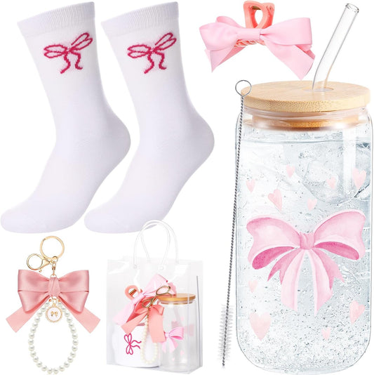 5 Pcs Mother's Day Pink Bow Gift Set with Cute Bow Keychain, Aesthetic Cup, Socks, Clear Gift Bag, Bows Claw Clips Coquette Stuff for Girls Women Friends Birthday BST326H