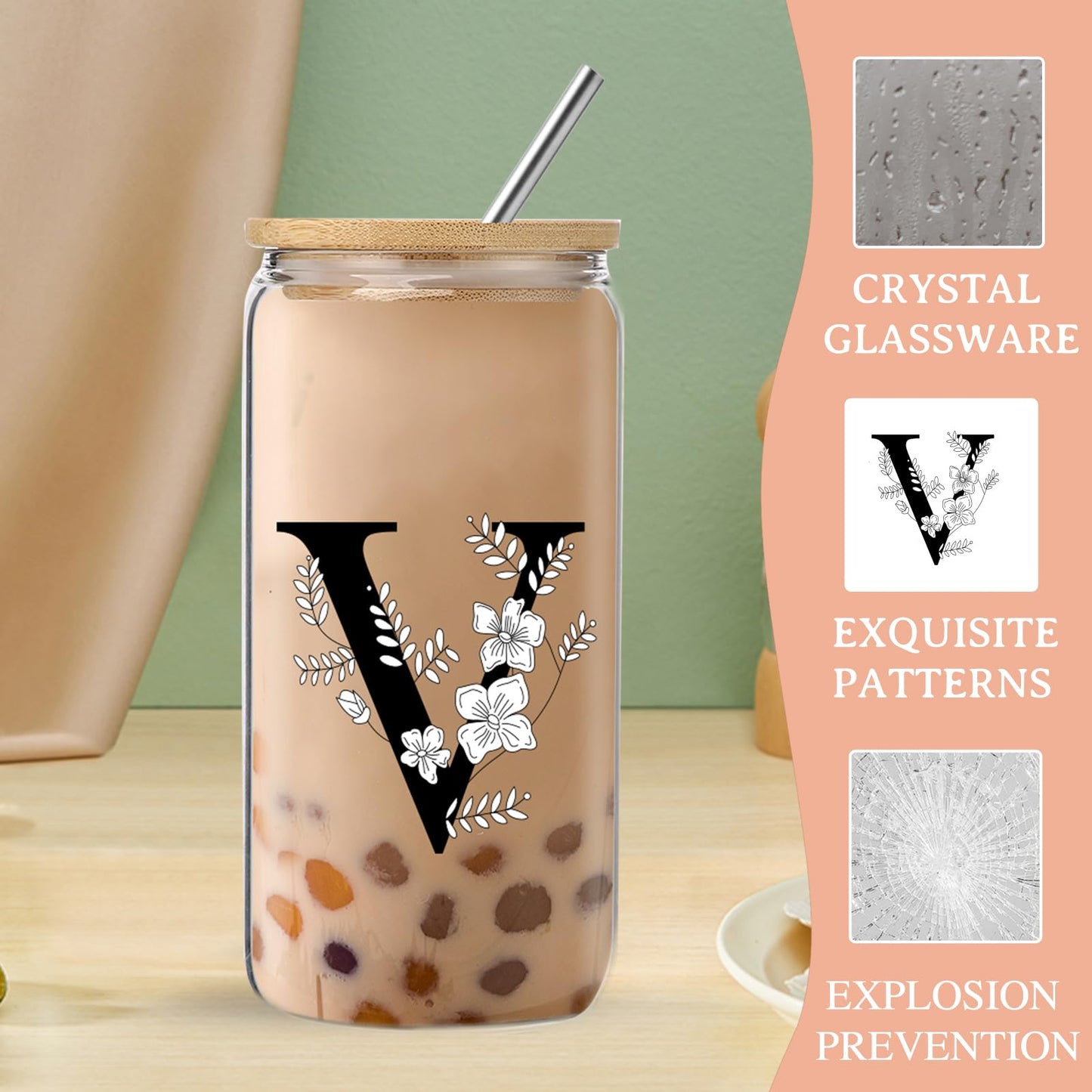 Monogrammed Initial Glass Cup with Lids and Straws gift for Women | Personalized Gift Set with Doll, 16 Oz Ice Coffee Cup ,reusable glass tumbler,Birthday Christmas Gift for Her,U WN420
