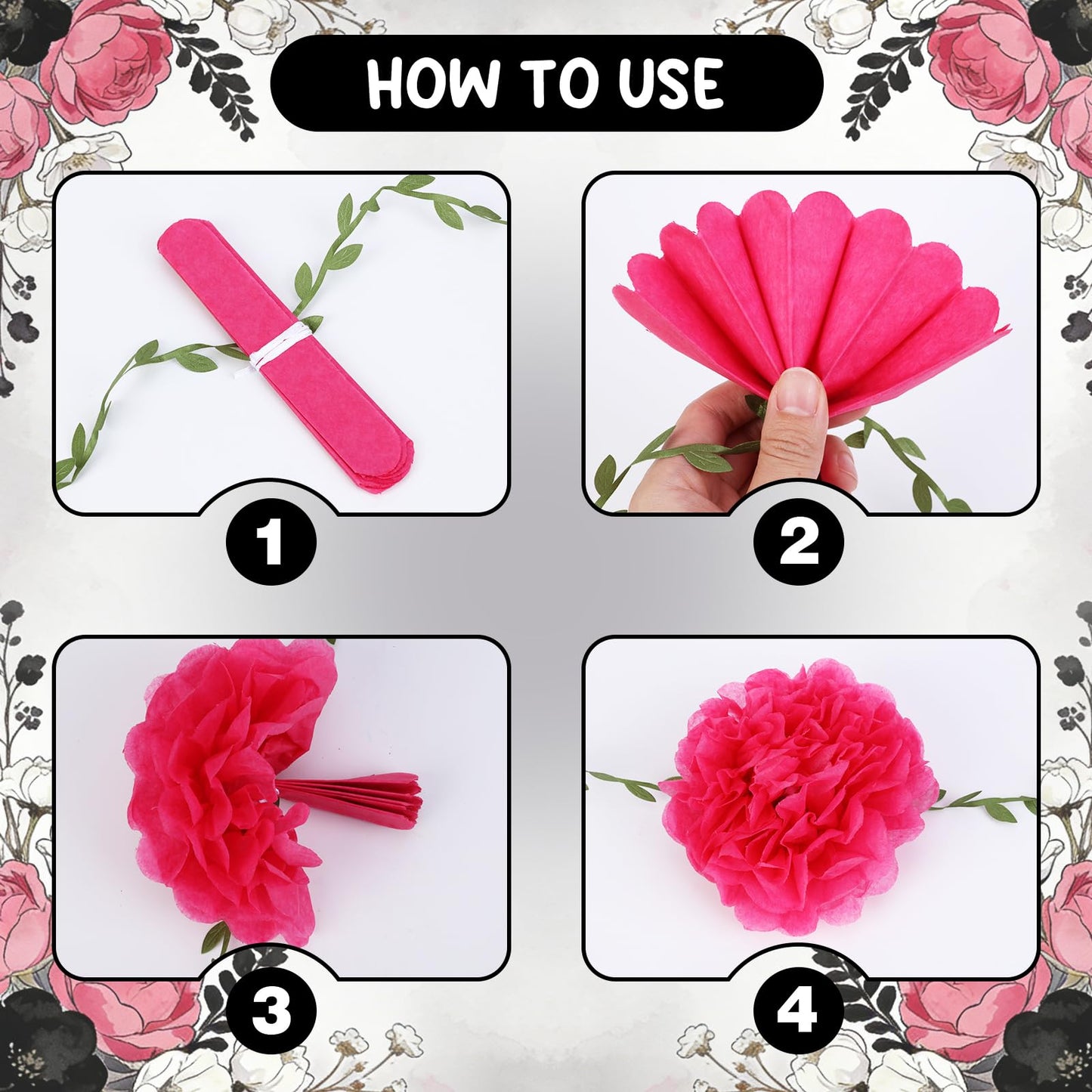 kreat4joy 4pack Pink Purple Tissue Paper Pom Poms Flowers Garland Leaf Ribbon 98.42inches Pre-Strung Reusable Ceiling for Birthday Baby Shower Wedding Bridal Shower Home Event Wall Party Decoration BST220