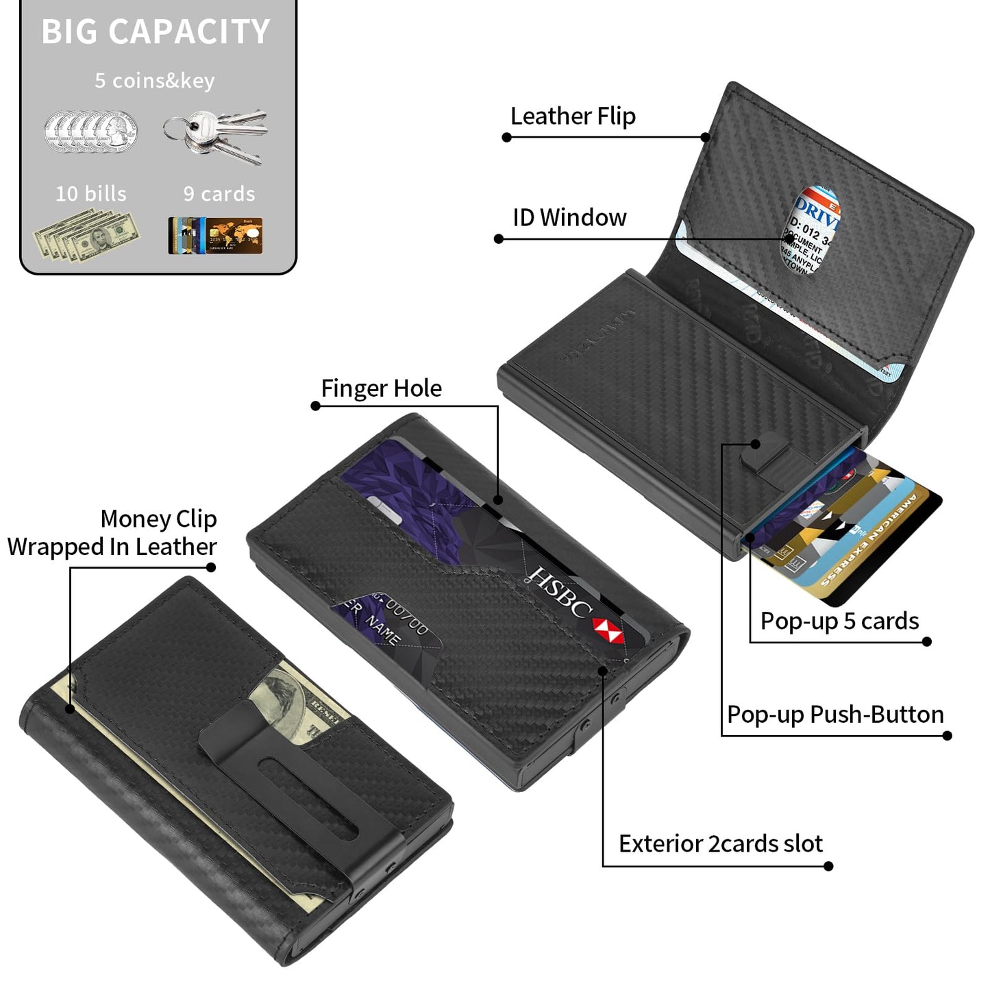 Mens slim Wallet，with RFID Shielding, Holds 9 Cards Easily, metal wallet， card wallet for Men, Minimalist Wallet For Men, Made of aluminum and Pu Synthetic Leather, Includes Cash clip (Black) BST202