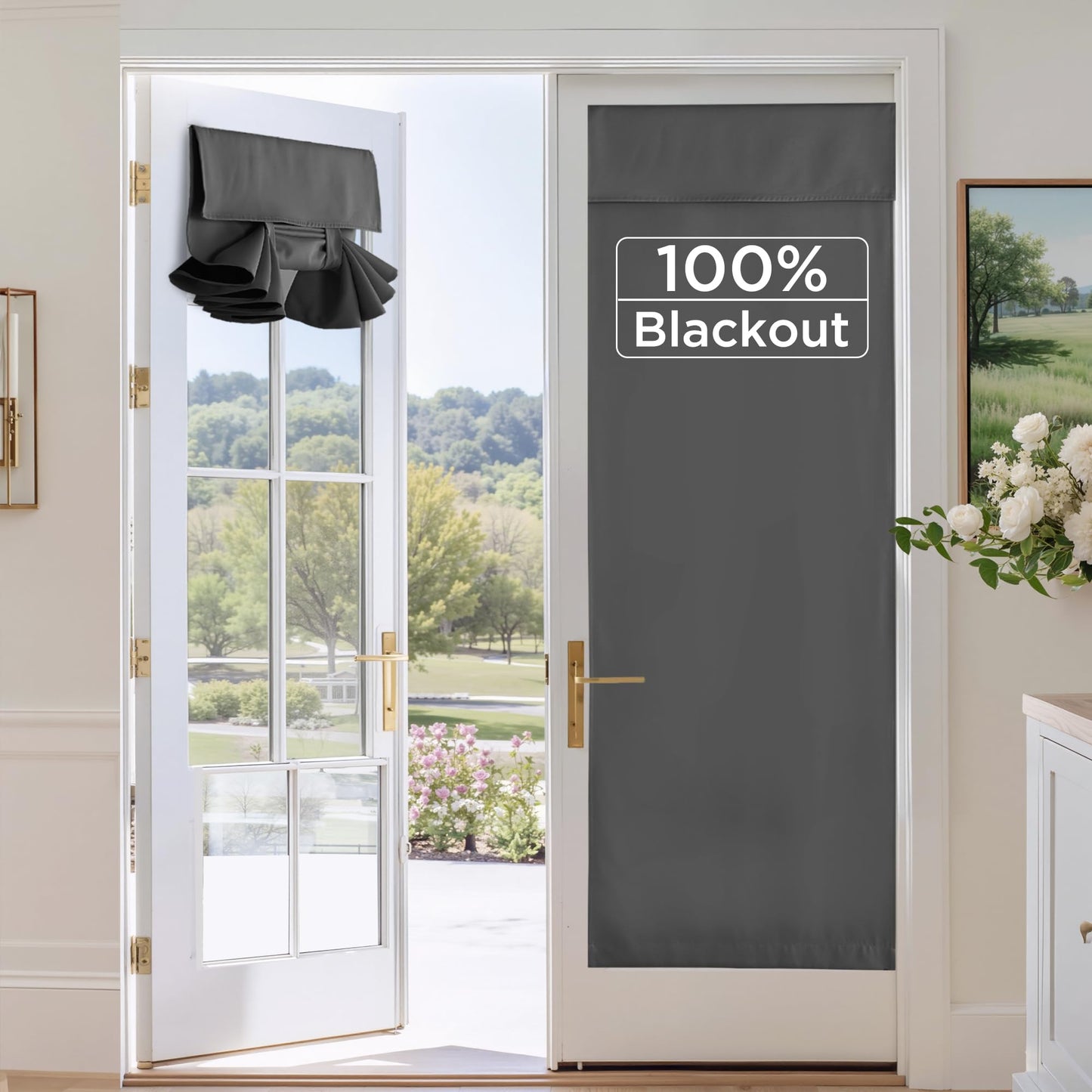 RYB HOME 100% Blackout French Door Curtains for Door Window - Room Darkening No Coating Thermal Insulated Privacy Protection Adhesive Cover for Glass Window, W 26 x L 40, 1 Panel, Black BST220