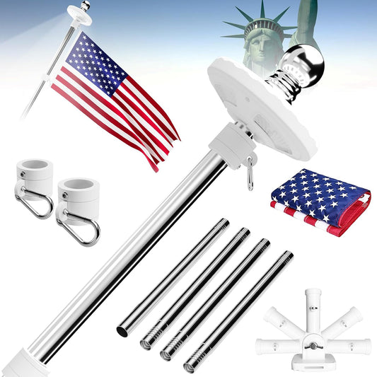Sprookber 5ft Solar Light Flag Pole kit with American Flag – 180°Adjustable Bracket and Tangle Free Rings, Stainless Steel FlagPoles for Outside House, Residential or Commercial use, Silver WN420
