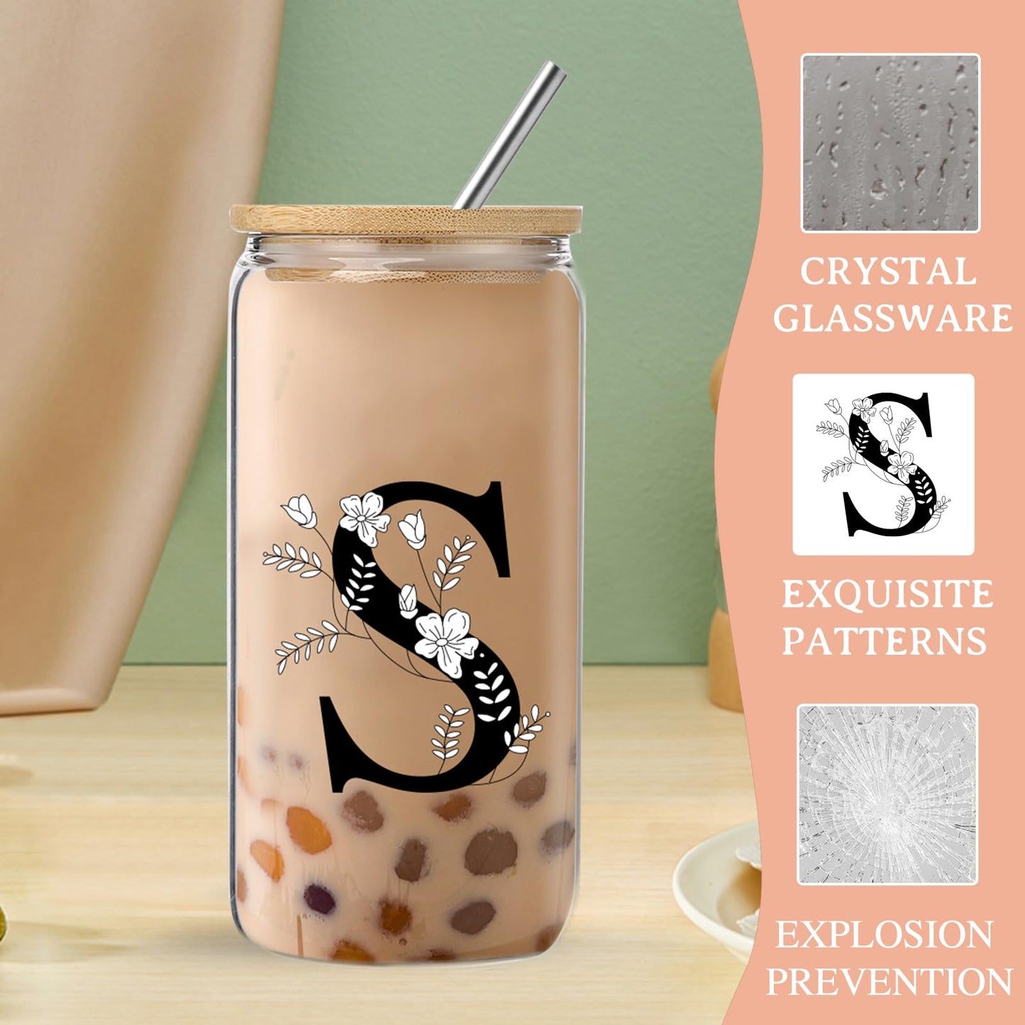 Monogrammed Initial Glass Cup with Lids and Straws gift for Women | Personalized Gift Set with Doll, 16 Oz Ice Coffee Cup ,reusable glass tumbler,Birthday Christmas Gift for Her,U WN420