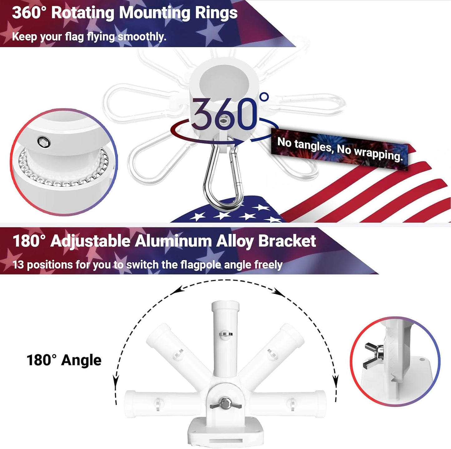 Sprookber 5ft Solar Light Flag Pole kit with American Flag – 180°Adjustable Bracket and Tangle Free Rings, Stainless Steel FlagPoles for Outside House, Residential or Commercial use, Silver WN420