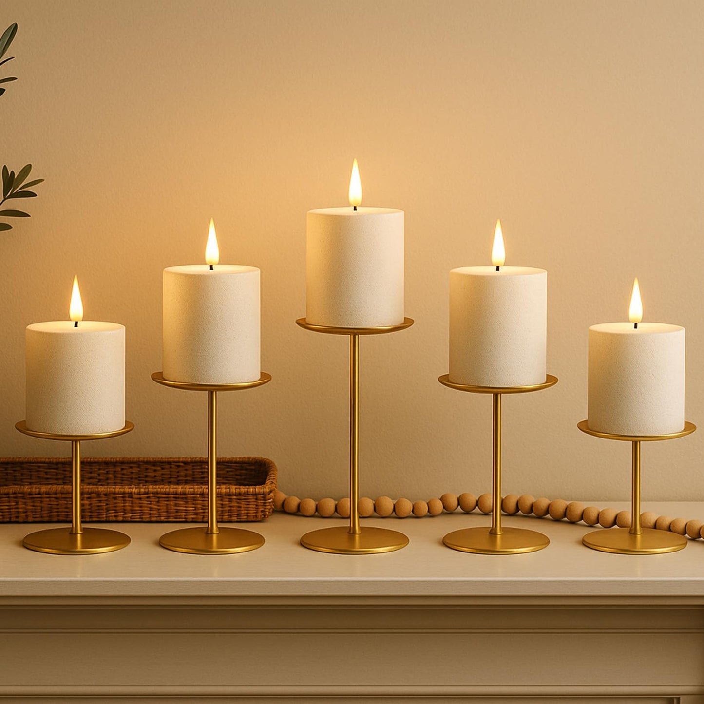 smtyle Gold Metal Candle Holder Sets for Pillar Candles Set of 3 Wedding Table Centerpiece Candle Holders, Minimalist Farmhouse Decor for Fireplace Mantel & Dining Room BST326H