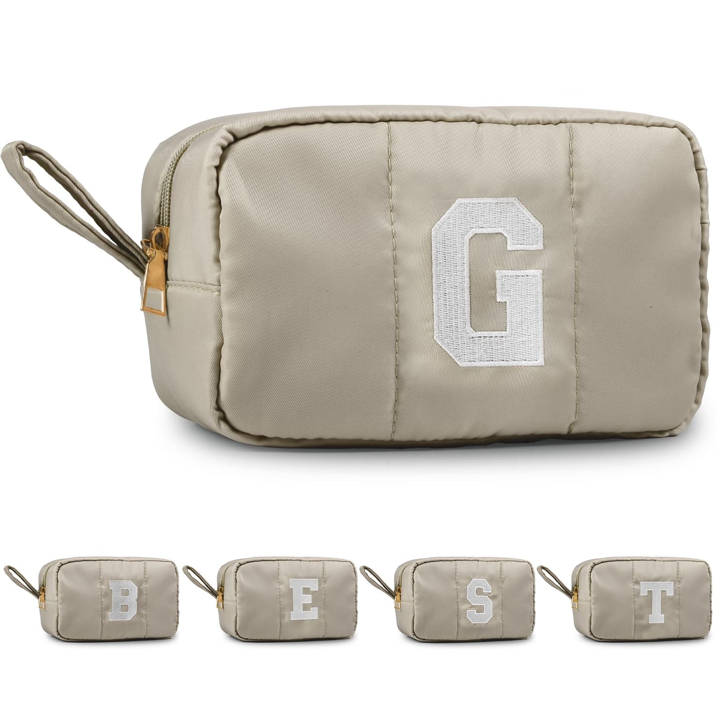 Puffy Makeup Bag for Women,Initial Cosmetic Bag,Cute Travel Toiletry Bag,Puffer Make Up Organizer Bags with Compartments,Personalized Gifts for Girlfriend Bridesmaid Teacher Graduation (Khaki gray, E) BST202