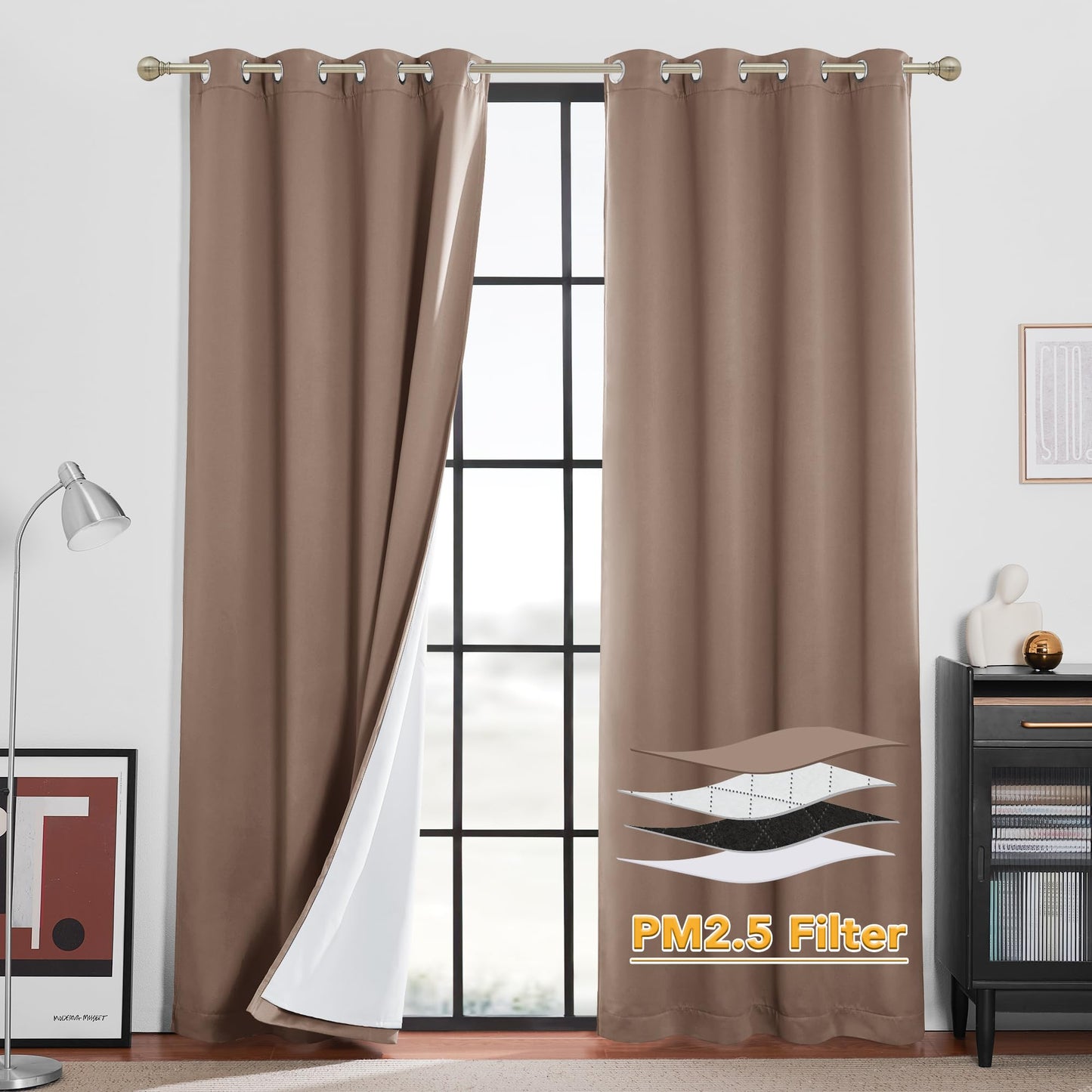 RYB HOME 4-in-1 Dust Filtering Soundproof Blackout Insulating Privacy Window Curtains for Nursery Bedroom Living Room Rivider Sound Absorption Sheet, Black, W52 x L90 inch, 2 Panels BST220