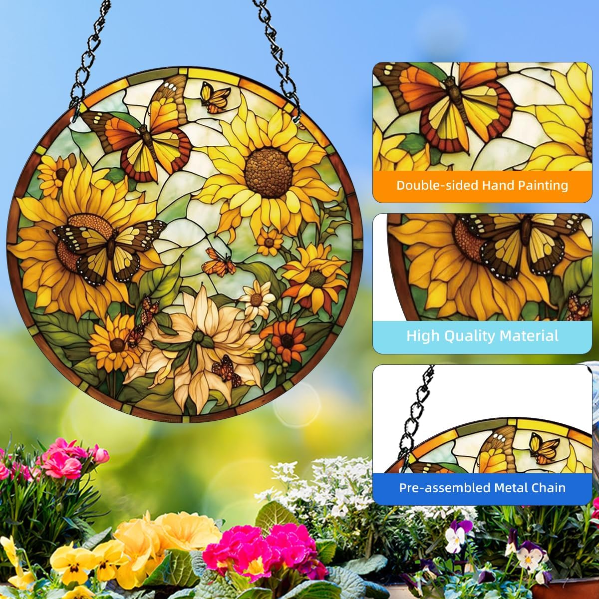 HOTIYOK Sunflower Stained Acrylic Window Hangings Panels Butterfly for Window Yellow Birthday Memorial Gift for Mom Flower Lover Home Garden Decoration BST220