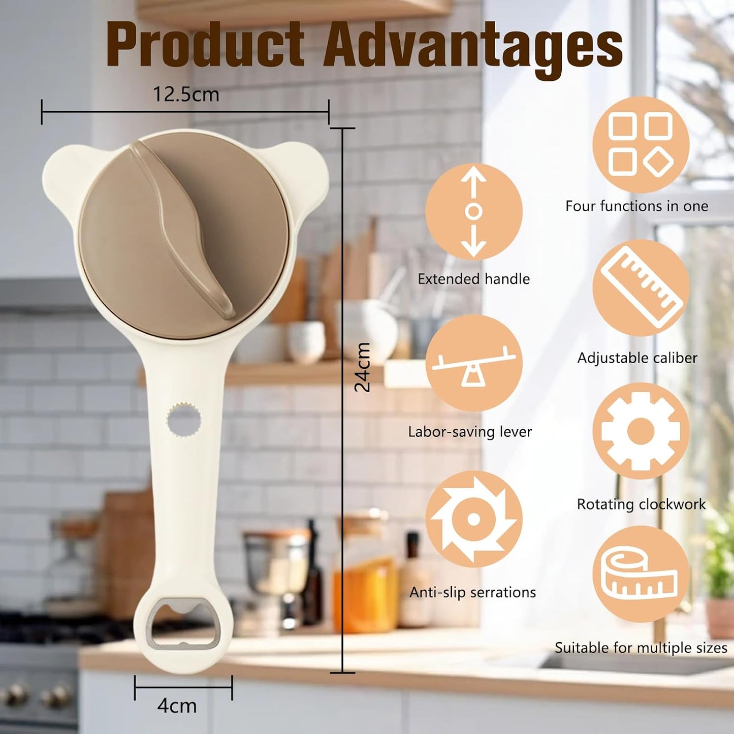 4 in 1 Multi-Purpose Jar Opener,Adjustable Stainless Steel Jar Opener,Multi-Functional Retractable Jar & Bottle Openers,Multi Size Lid Tool for Jars Cans Wine Bottles,Home Kitchen Helper (Beige) BST202