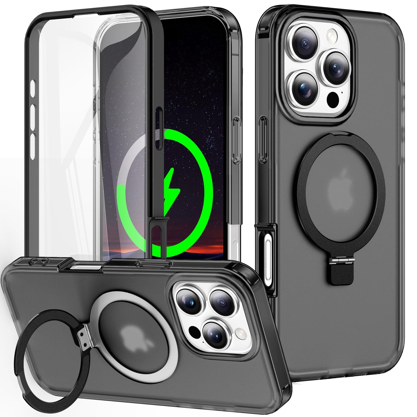 for iPhone 13 Pro Full Body Shockproof Case with Magnetic Invisible Stand [Compatible with MagSafe] Built-in Screen Protector Military Drop ProtectionTranslucent Phone Cover -Hot Pink WN420