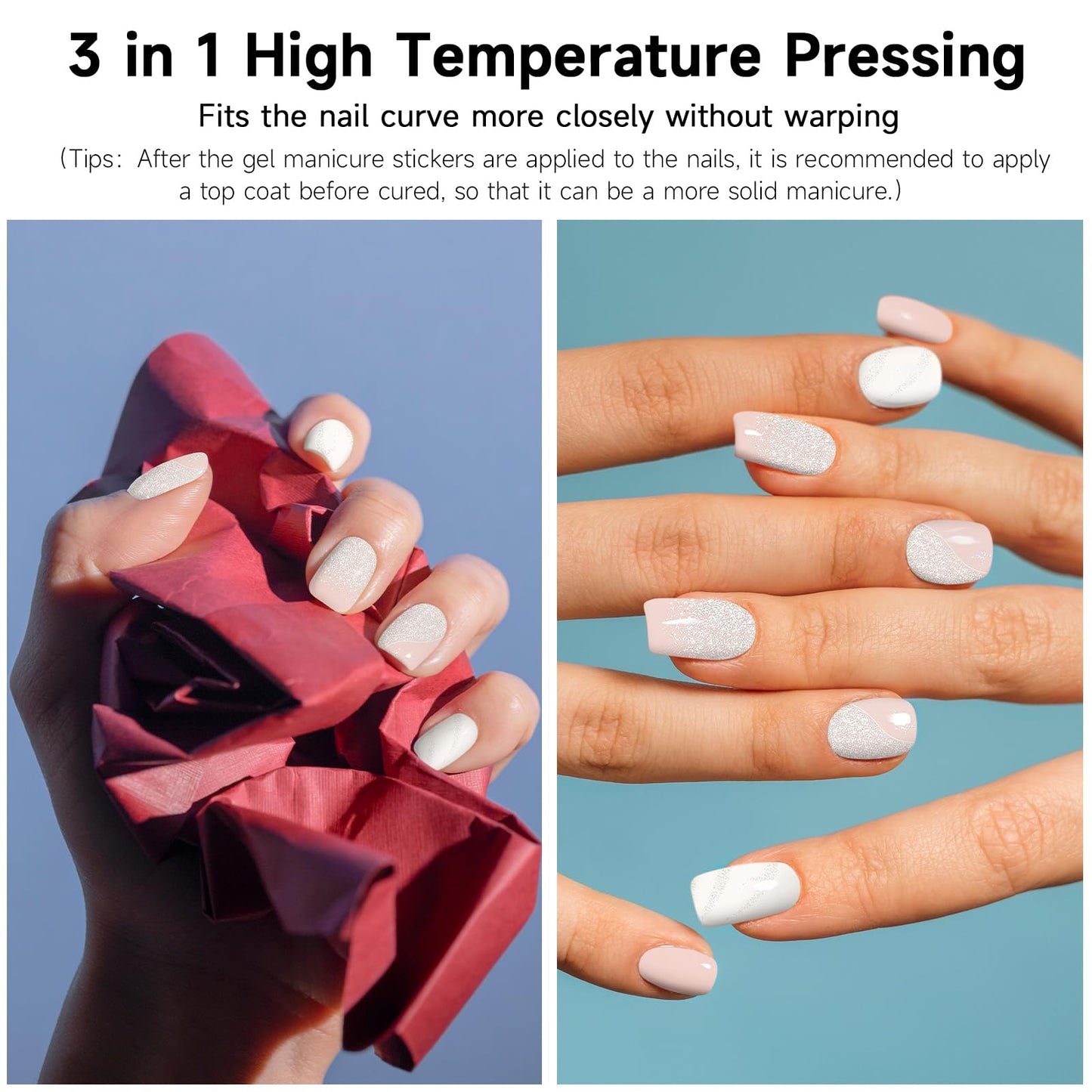 Semi Cured Gel Nail Strips, 56Pcs Nail Art Stickers/Wraps, Long Lasting UV Nail Polish Strips for Adults (Silver Rhinestones+French Tip Glitter) BST220