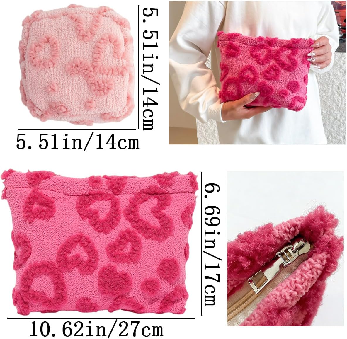 2 PCS Fluffy Heart Makeup Bag Cute Plush Coin Wallet Fashion Cosmetic Organizer Pouch with Zipper Portable Travel Make up Toiletry for Women Girls Valentine's Day Mother's Day, Birthday（Large + Small） BST326L