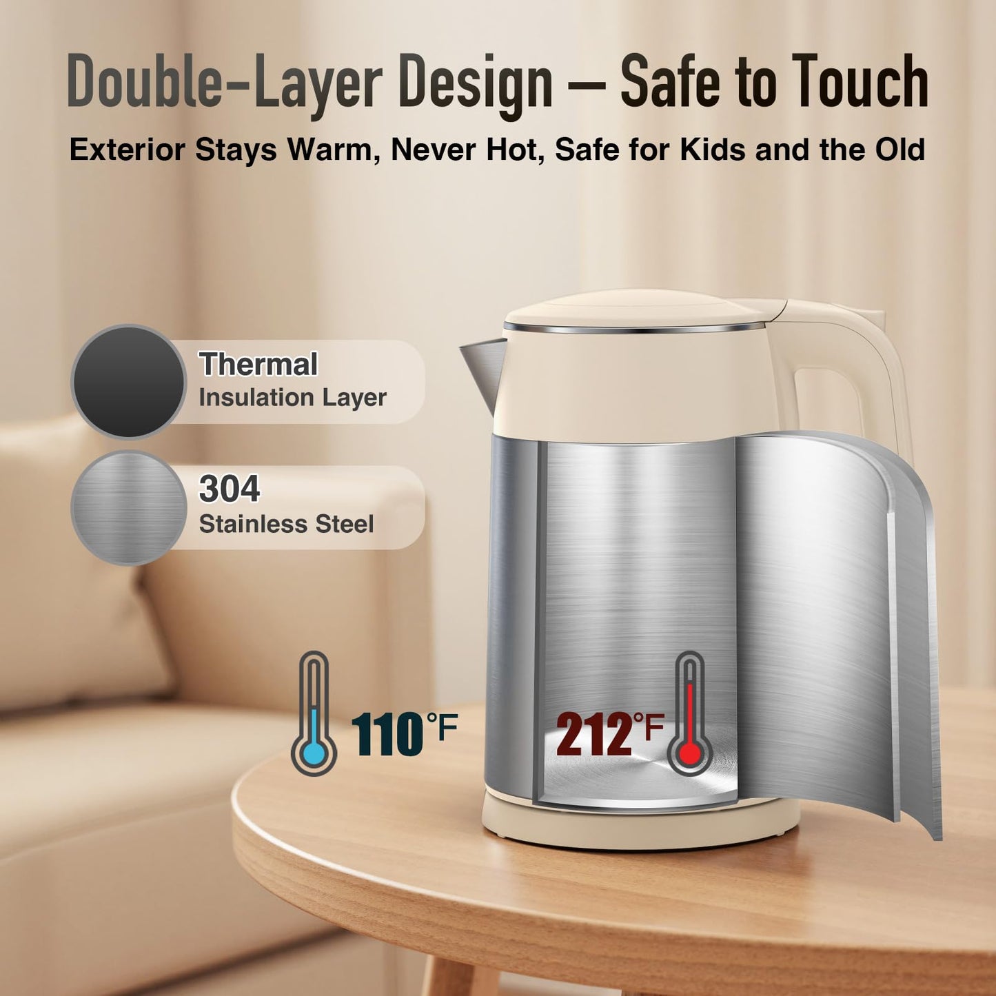 Mecity Electric Kettle 1.7L Touch Screen Temperature Control Water Boiler, No Plastic Contact with Water. 6 Preset Temperature Programs, 2 Hours Keep Warm, Auto Shut Off, Dark Grey DD1210
