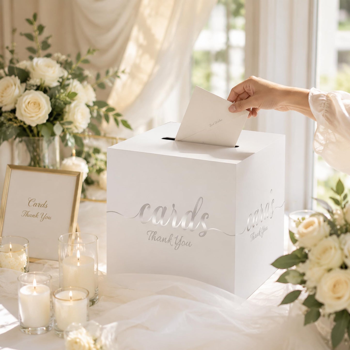 1 Pack White and Gold Wedding Card Box for Party Graduation Bridal Baby Shower Retirement Decorations Cardboard Birthday Card Holder Raffle Ballot Voting Box with Slot 7.8 x 7.8 x 7.8 In BST220