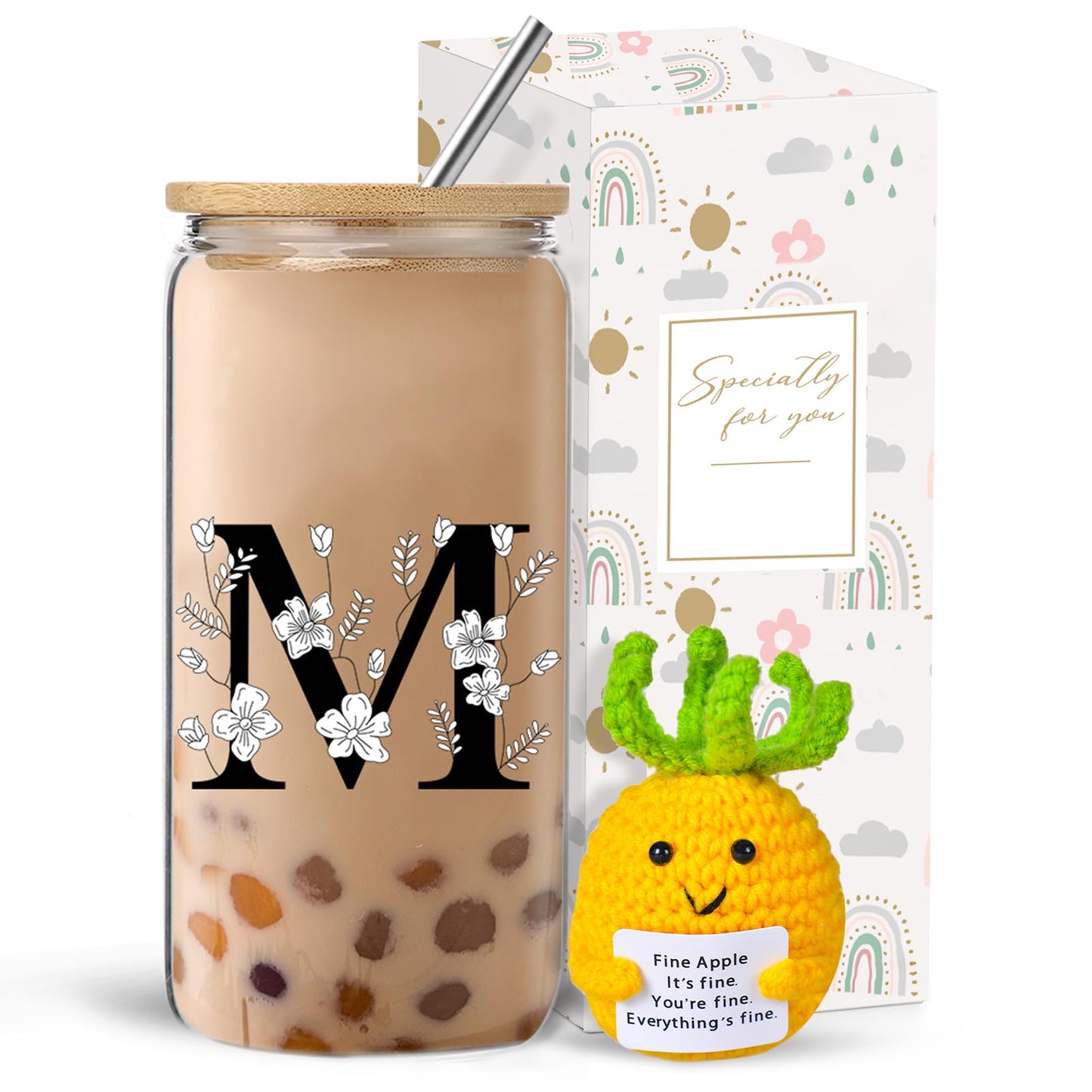 Monogrammed Initial Glass Cup with Lids and Straws gift for Women | Personalized Gift Set with Doll, 16 Oz Ice Coffee Cup ,reusable glass tumbler,Birthday Christmas Gift for Her,U WN420