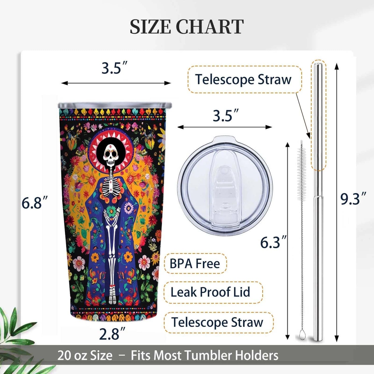 Gothic Skull 20 oz Insulated Stainless Steel Tumbler | Spooky Skeleton Travel Mug with Leak Proof Lid and Telescope Straw | Hot & Cold Coffee Cup | Halloween Gifts for Men and Women WN420