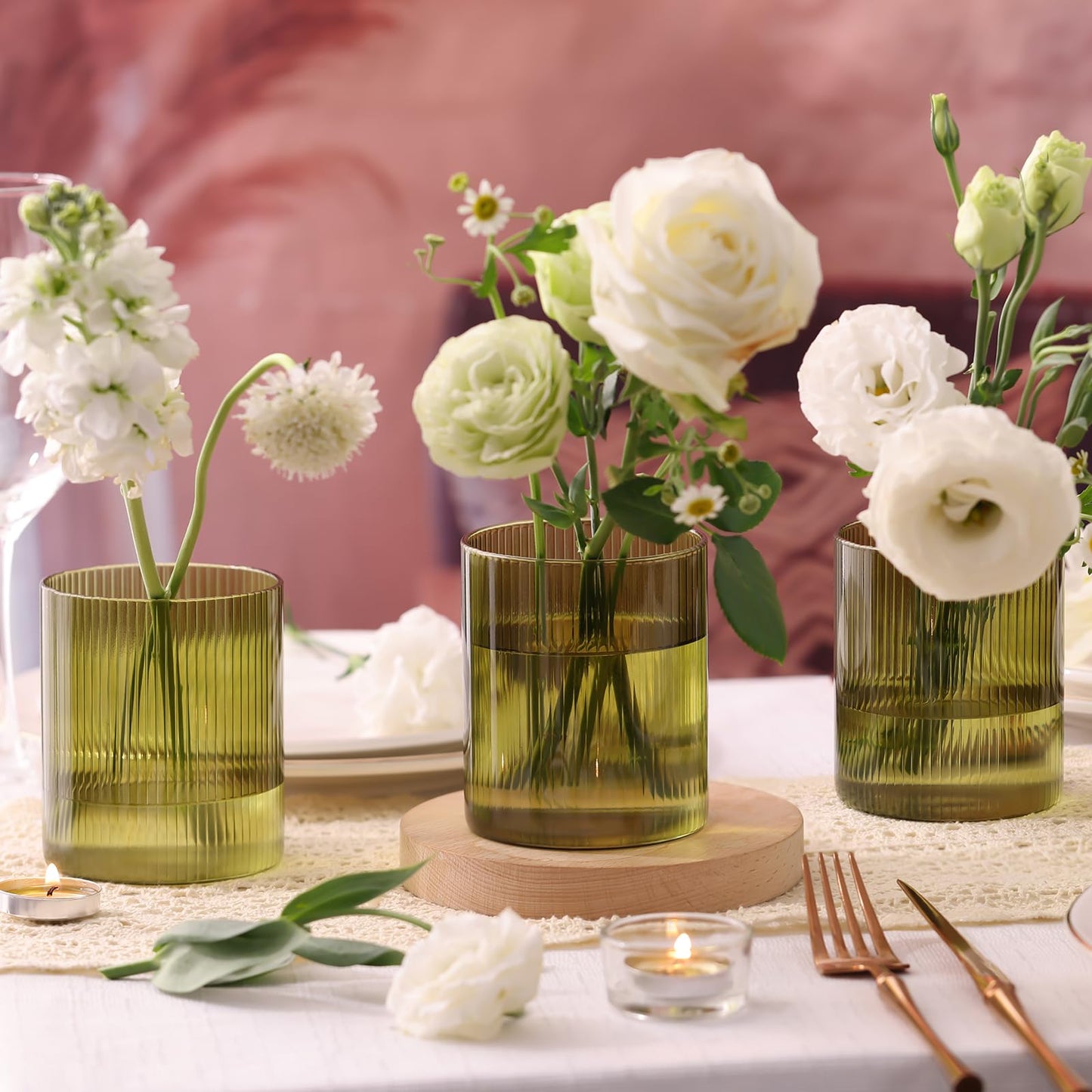 Glass Ribbed Cylinder Vases, 8 Inch Tall, Clear, Pack of 3 | Flower Vases in Bulk, Hurricane Floating Candle Vases, For Party Home Decor BST326H