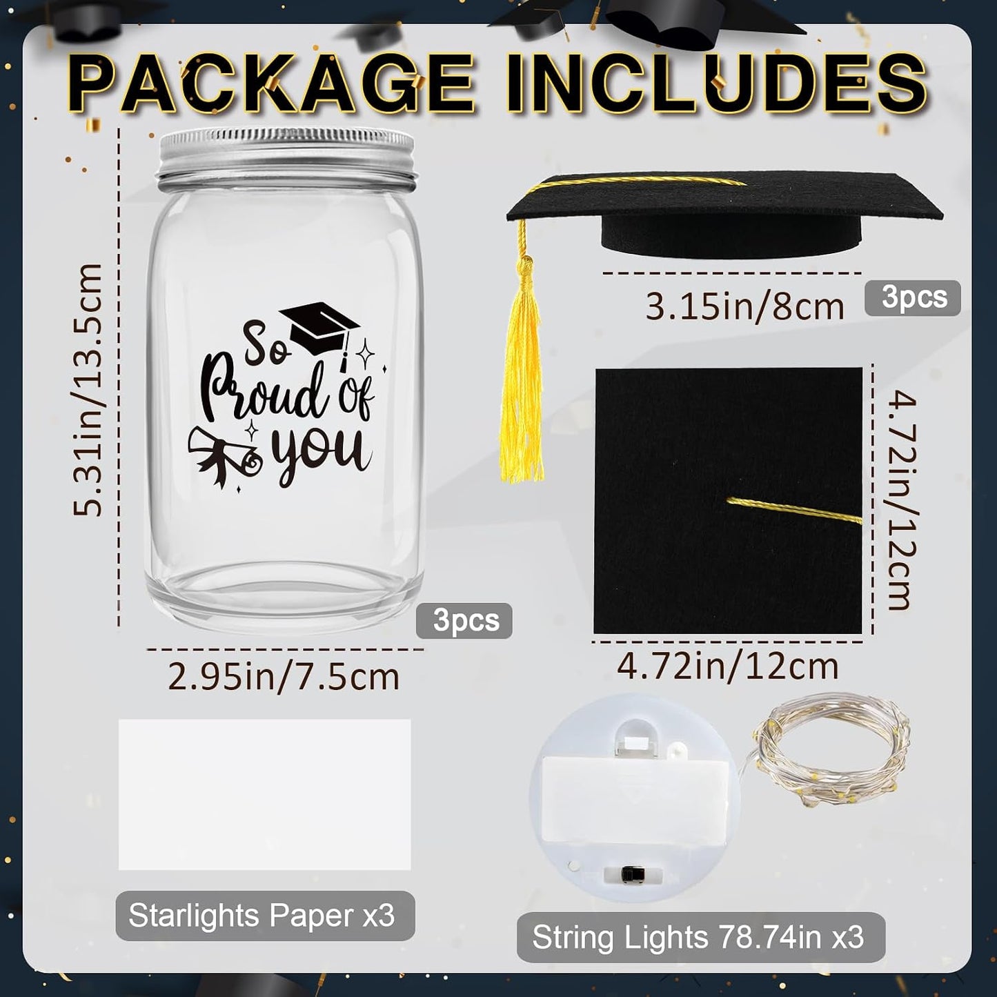 3 Sets 2026 Graduation Centerpieces for Tables, Glowing Mason Jar Centerpieces with Graduation Caps, Glowing Money Jars for College High School Congrats Grad Party Decor Supplies WN420