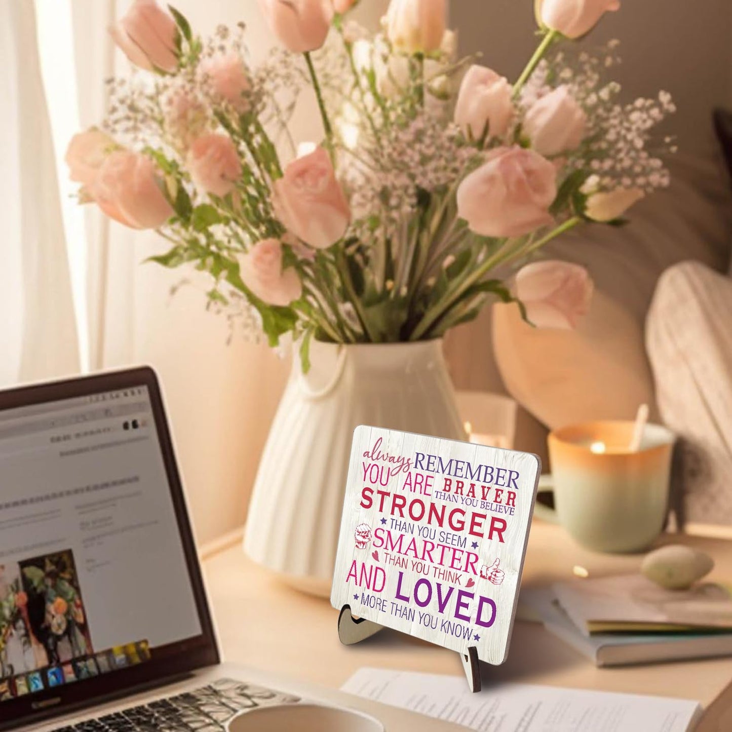 Inspirational Pink Gifts for Women Desk Sign, Encouragement Gift for Women, Cheer Up Gifts Desk Wood Plaques, Coworker Motivational Signs for Birthday, Thinking of You Gift for Womens BST220