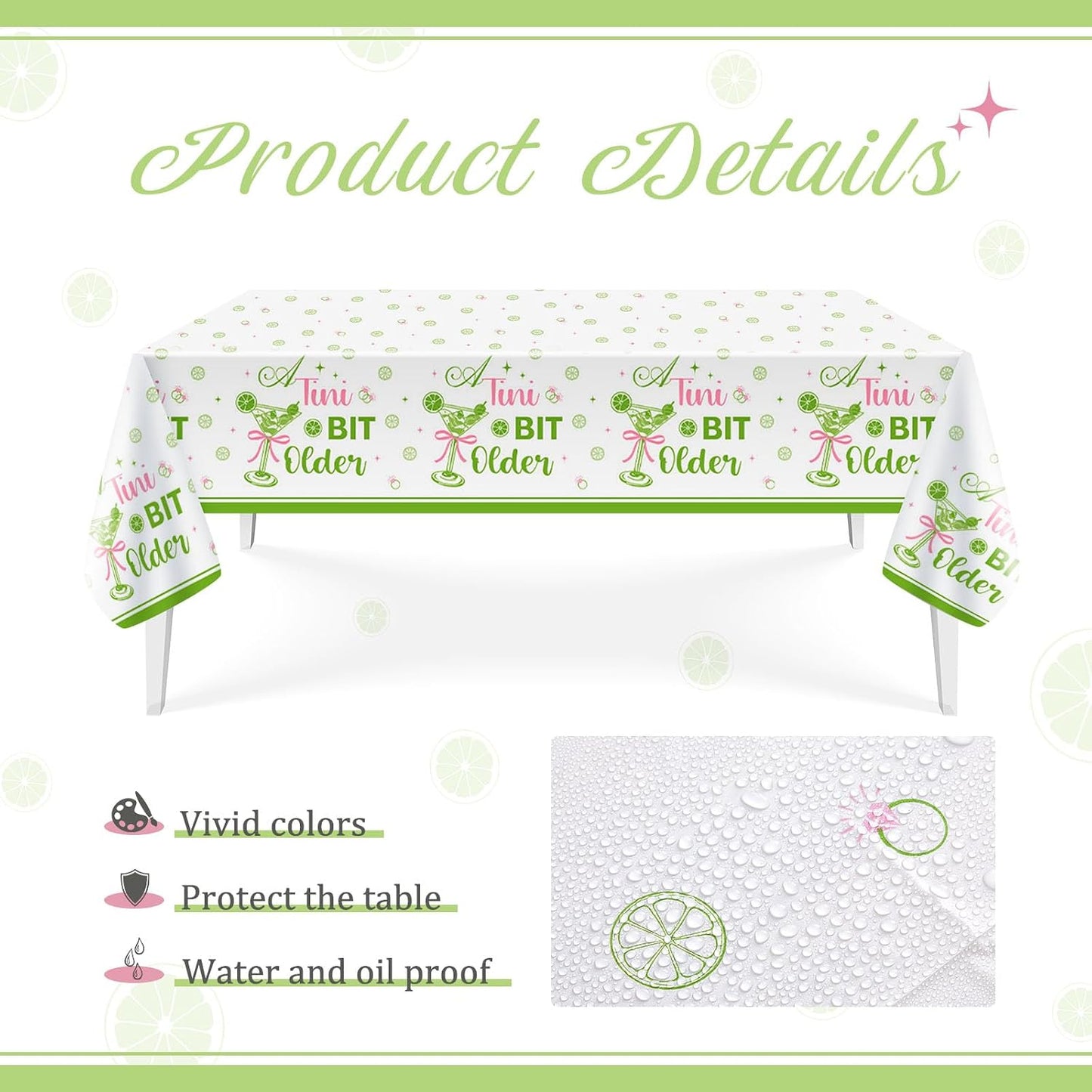 Oudain 2 Pack Martini Party Tablecloth 108'' x 54'' Martini Party Decorations Rectangle Green Tablecloth for a Tini Bit Older Birthday Decor, Tini Bar, Bachelorette Bridal Baby Shower BST220