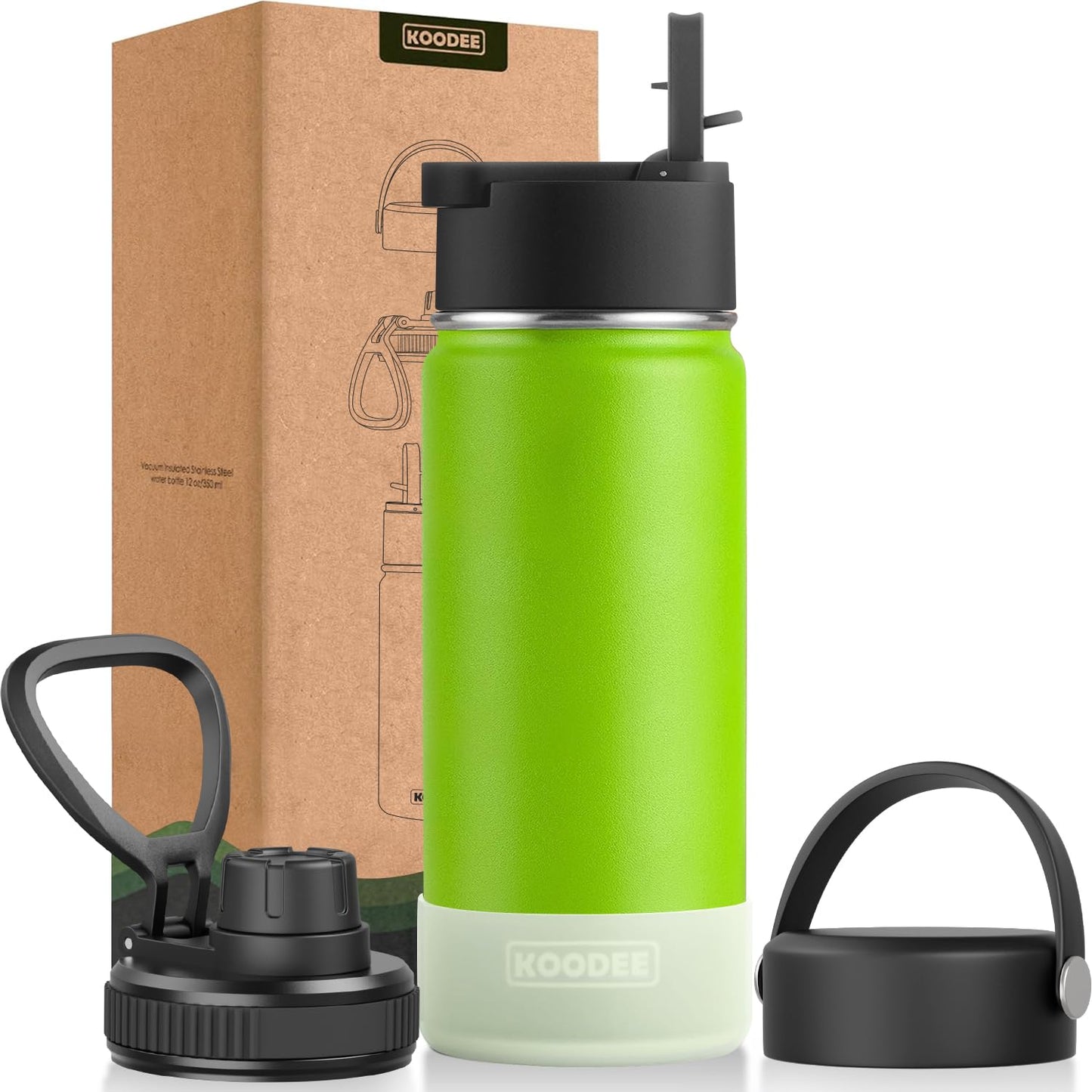 koodee Water Bottle-12 oz Stainless Steel Double Wall Vacuum Insulated Water Bottle for School-Wide Mouth Flask with Straw Lid (Teal) BST220